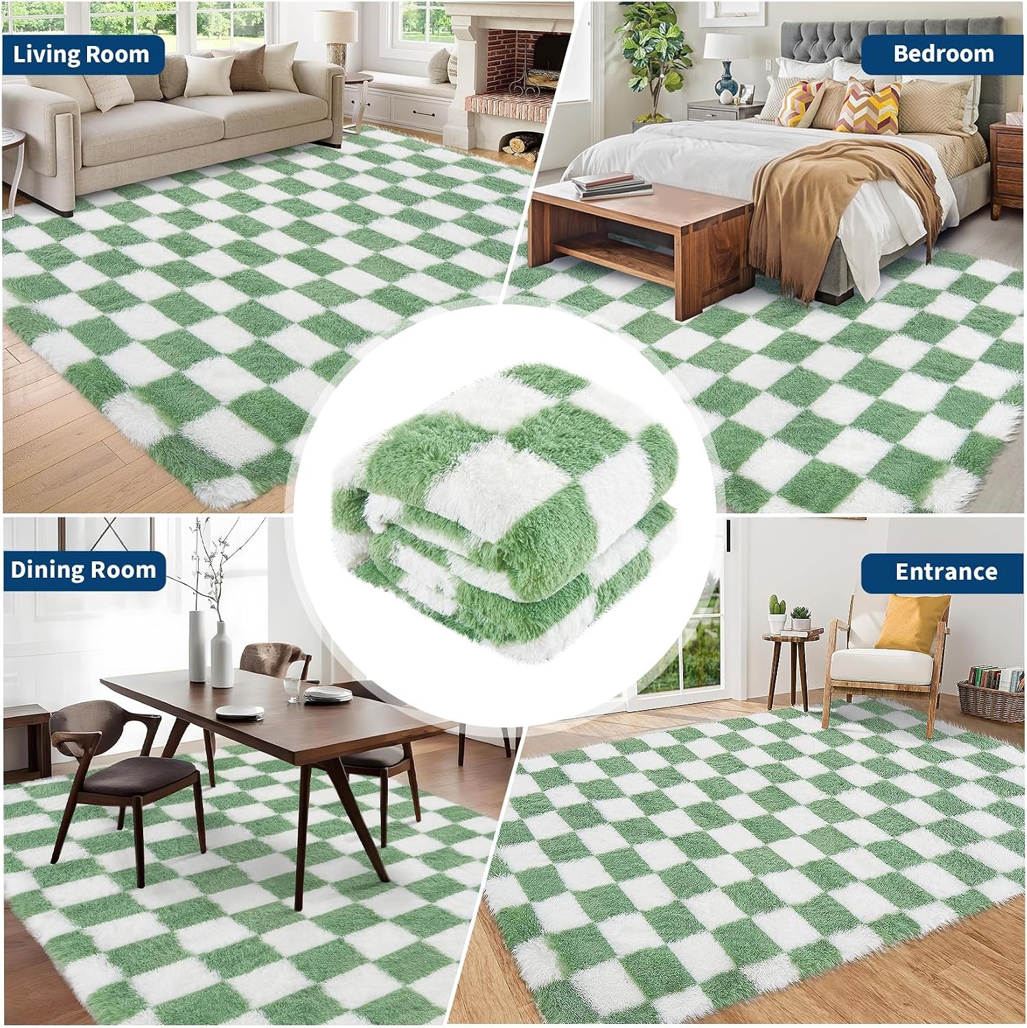 Modern Checkered Plush Shag 8×10 Washable Area Rug Non Slip Living Bedroom Home