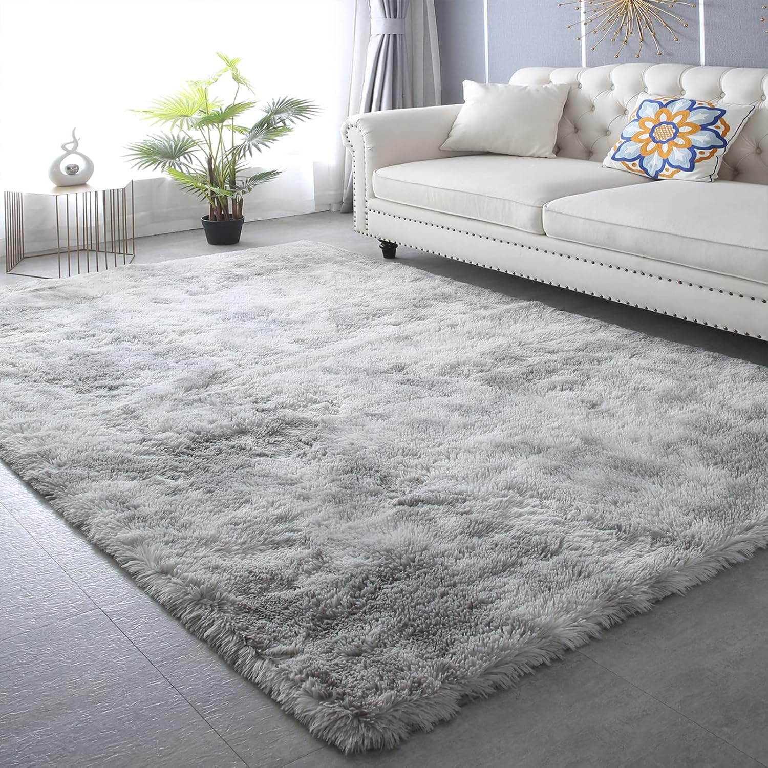 Ultra Soft Tie-Dyed Light Gray Shag Area Rug, 5×7 Feet for Kids Room