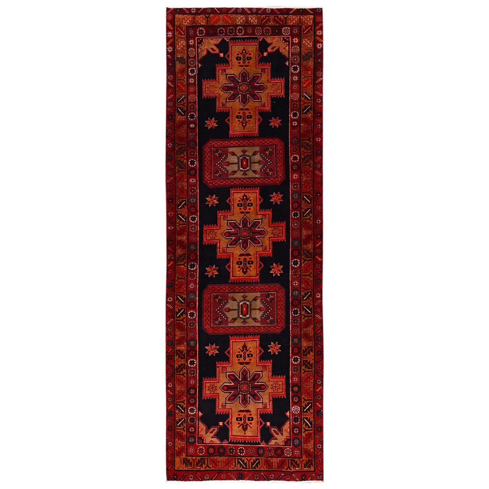 3’2″x10’7″ Black Vintage Zoroastrian Pure Wool Hand Knotted Runner Rug 2197