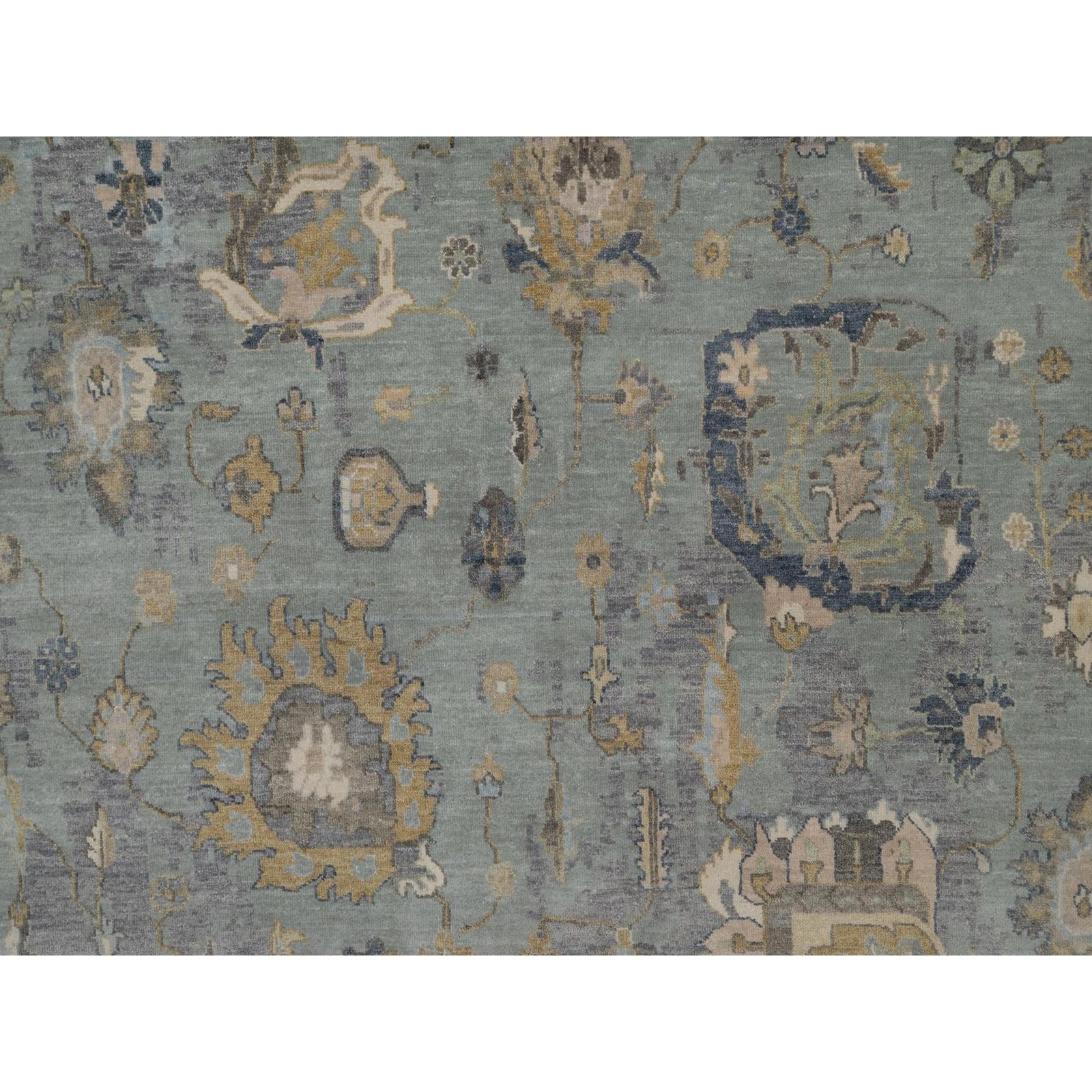 8’7″x12′ Silt Green Pure Wool Rug Oushak with Leaf Pattern Hand Knotted 91809