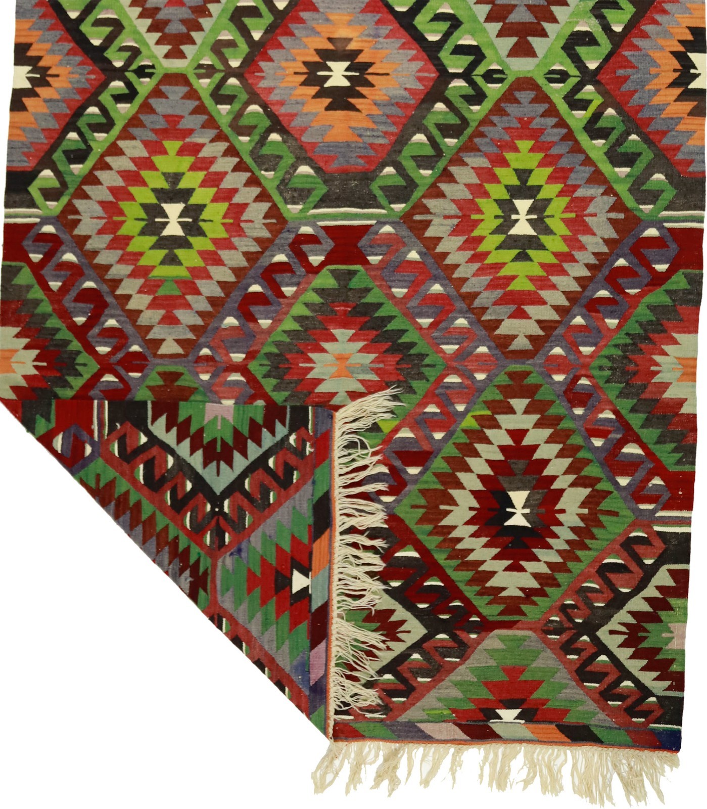 Turkish Kilim Runner Rug 6×11 ft Green Red Tribal Wool Carpet