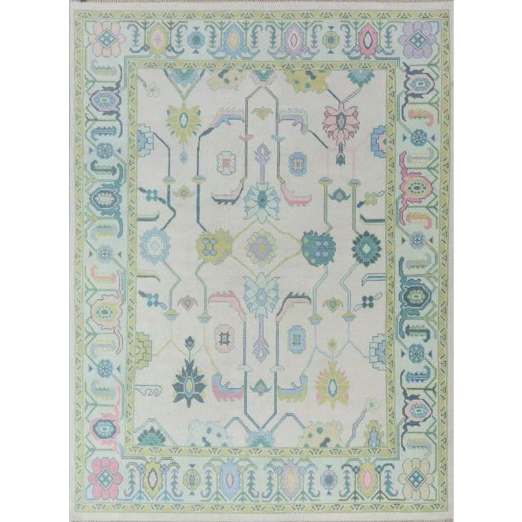 Modern Handknotted Oushak Rug in Pale Pink,Green & Blue Area Rug for Living Room