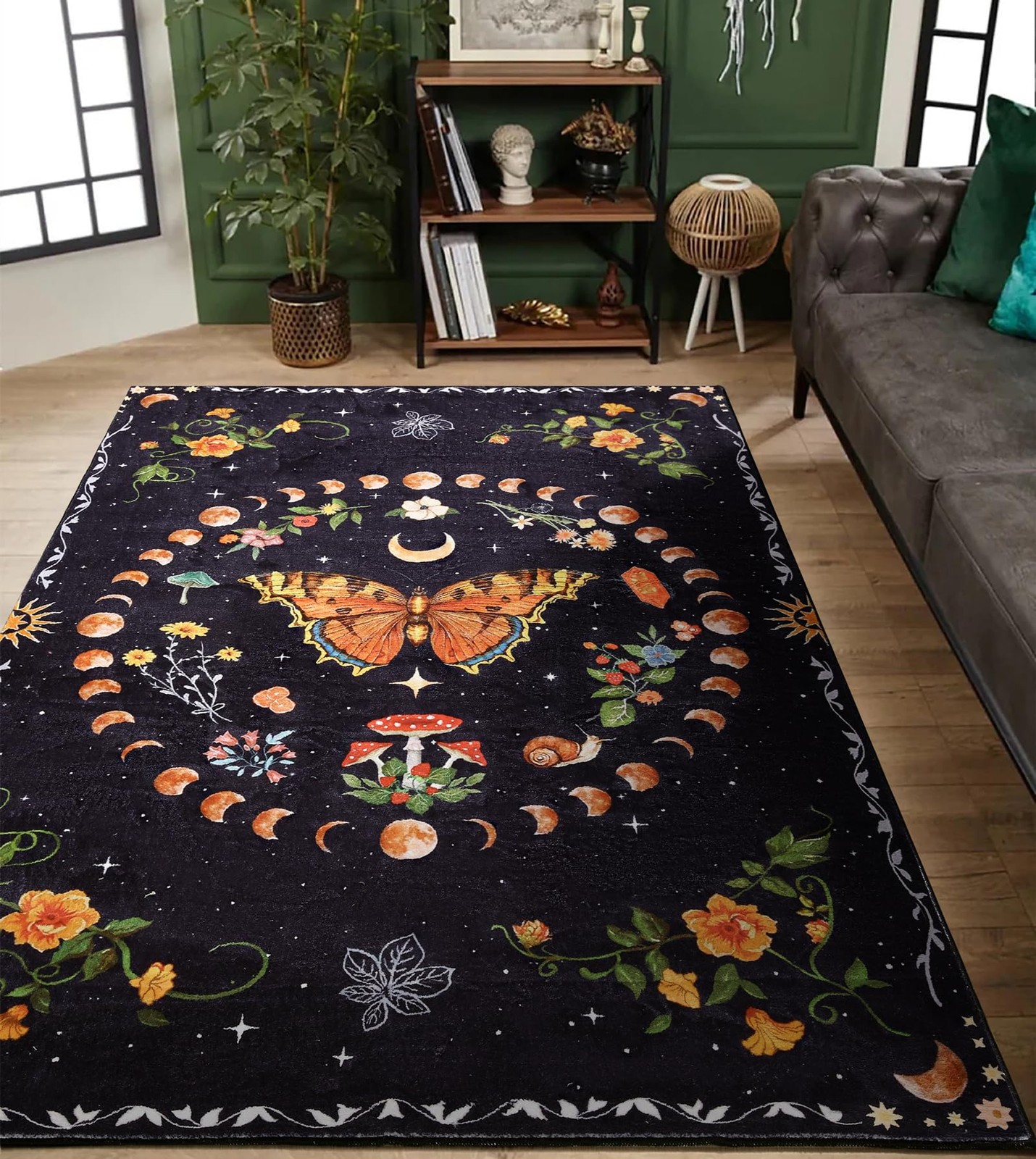 Ultra Thin Moody Black Floral Rugs Washable, Boho Cute Aesthetic Bedroom Rugs…