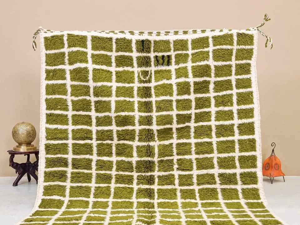 Moroccan Handmade Rug Berber Grid Green & White 100% Wool Carpet Rugs