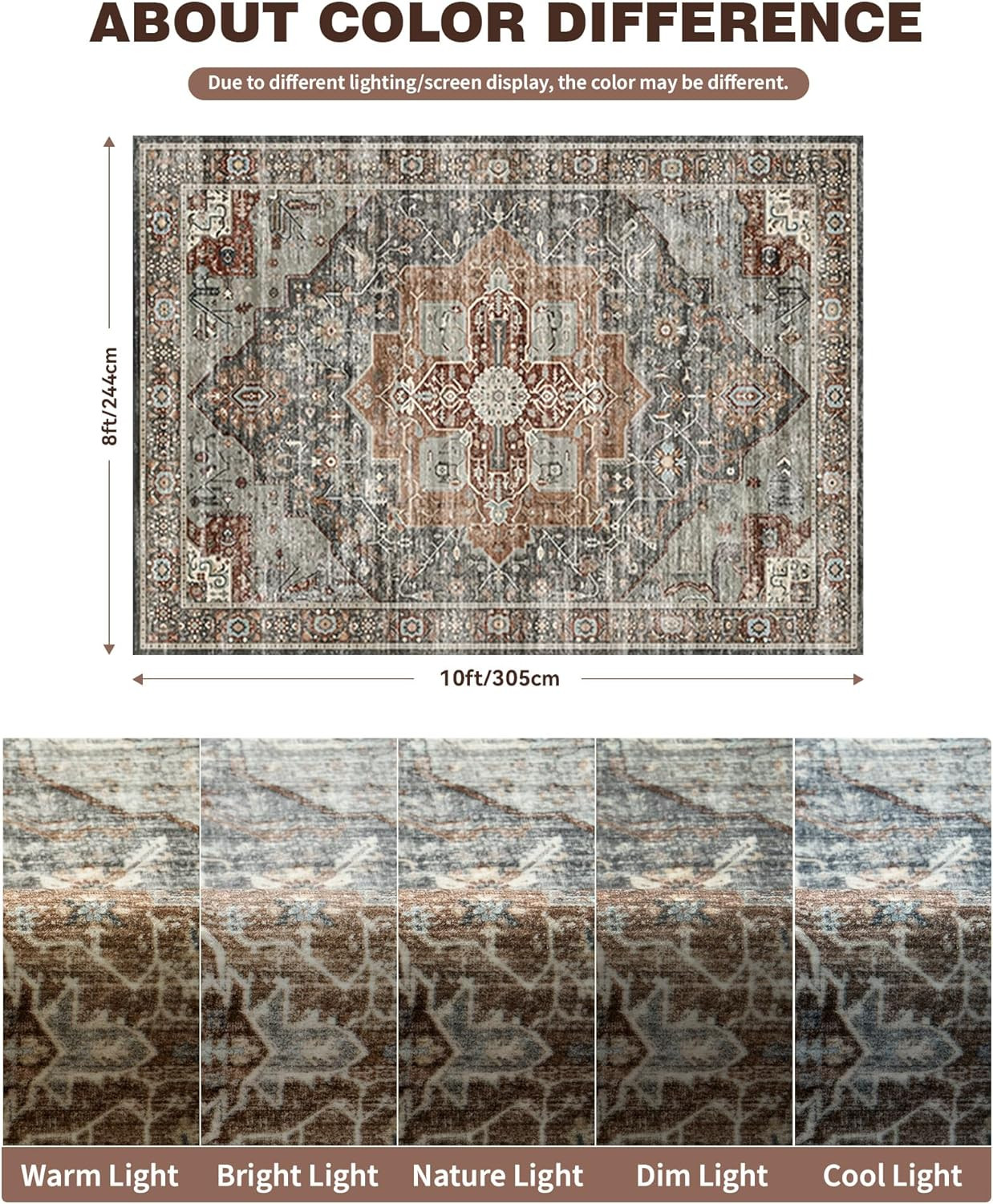 8X10 Washable Area Rugs, Vintage Non Slip Rug, Grey/Brown/Tan | Low Pile, Non-Sl