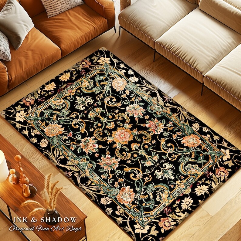 Dark Floral Victorian Rug | Wildflower Aesthetic Living Room Gothic Home Decor
