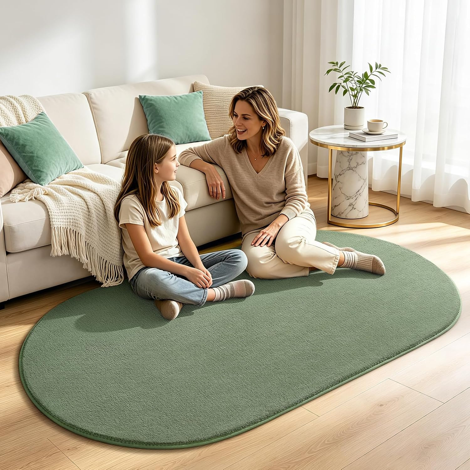 Soft Oval Bedroom Rug 2.6 X 5.3, Sage Green Non-Slip Washable Carpet | Thickened