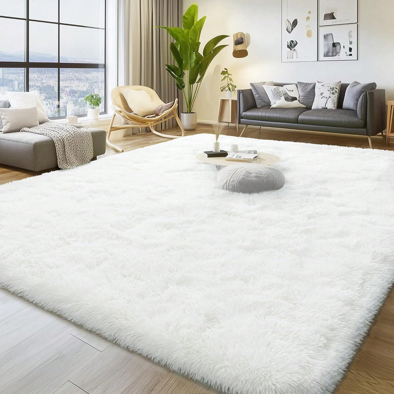 Fluffy Shag Area Rug Cream White Soft Fuzzy Carpet Bedroom Living Room All Sizes