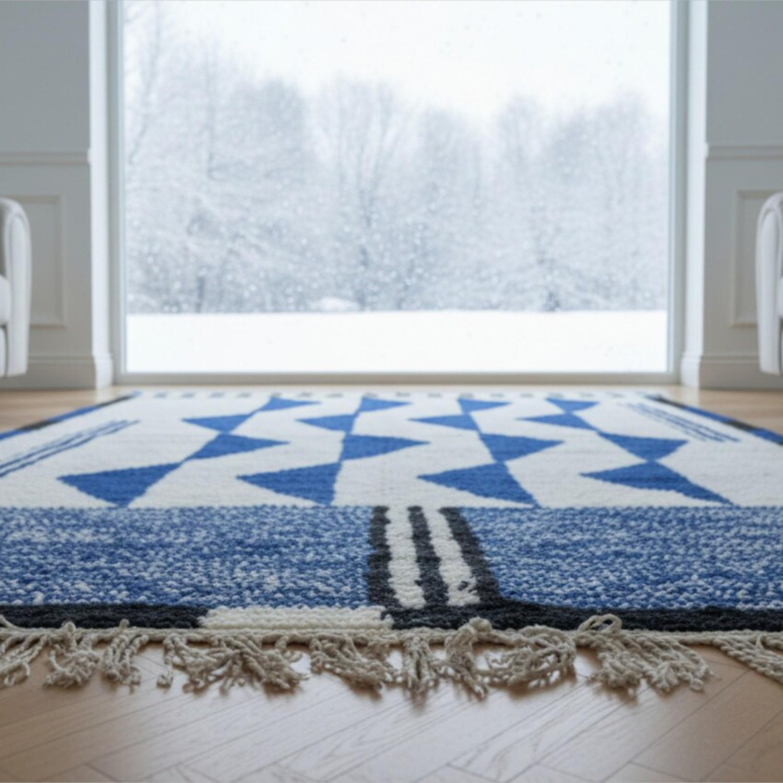Handwoven Moroccan Style Wool Area Rug Blue White Modern Geometric Carpet
