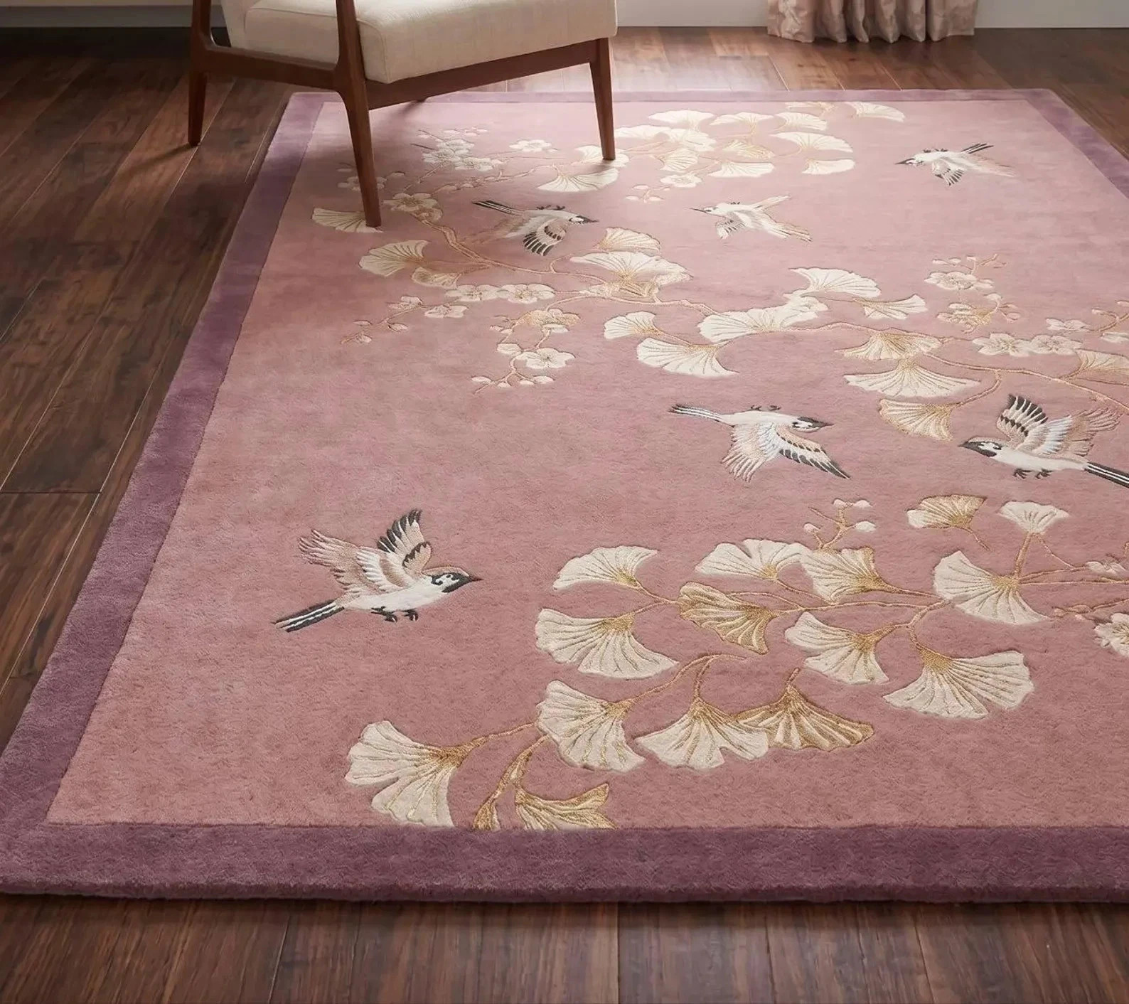 Hand-tufted Wool Rug: Pink Chinoiserie Floral Bird Ginkgo Design Area Carpet Rug