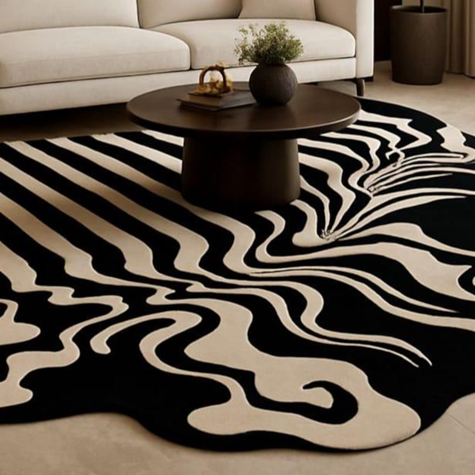 Modern Irregular Wavy Black & White Rug | Abstract Optical Illusion Carpet