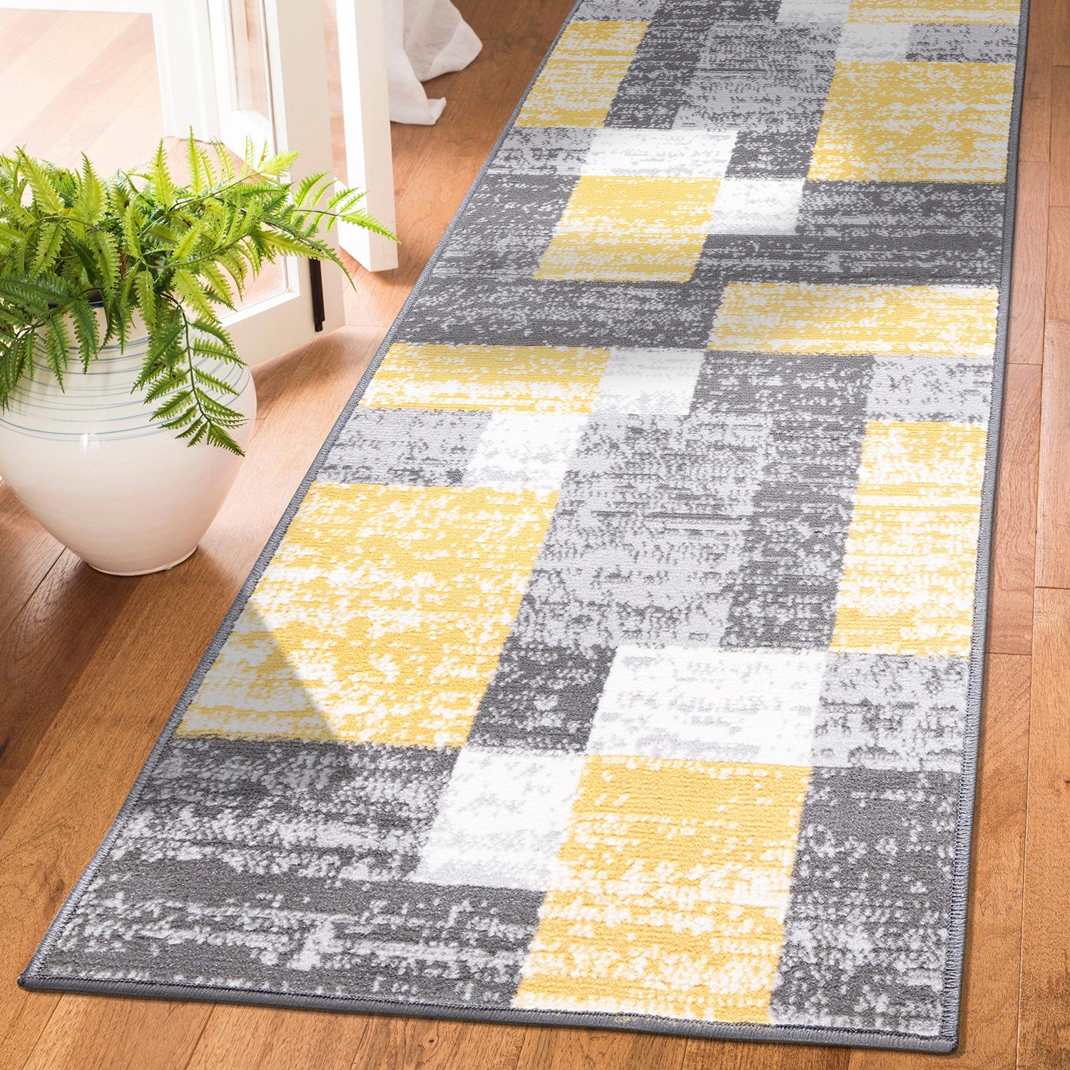 Rugshop Kitchen Rug Modern Geometric Boxes Area Rug Yellow Floor Runner Rugs 2×7