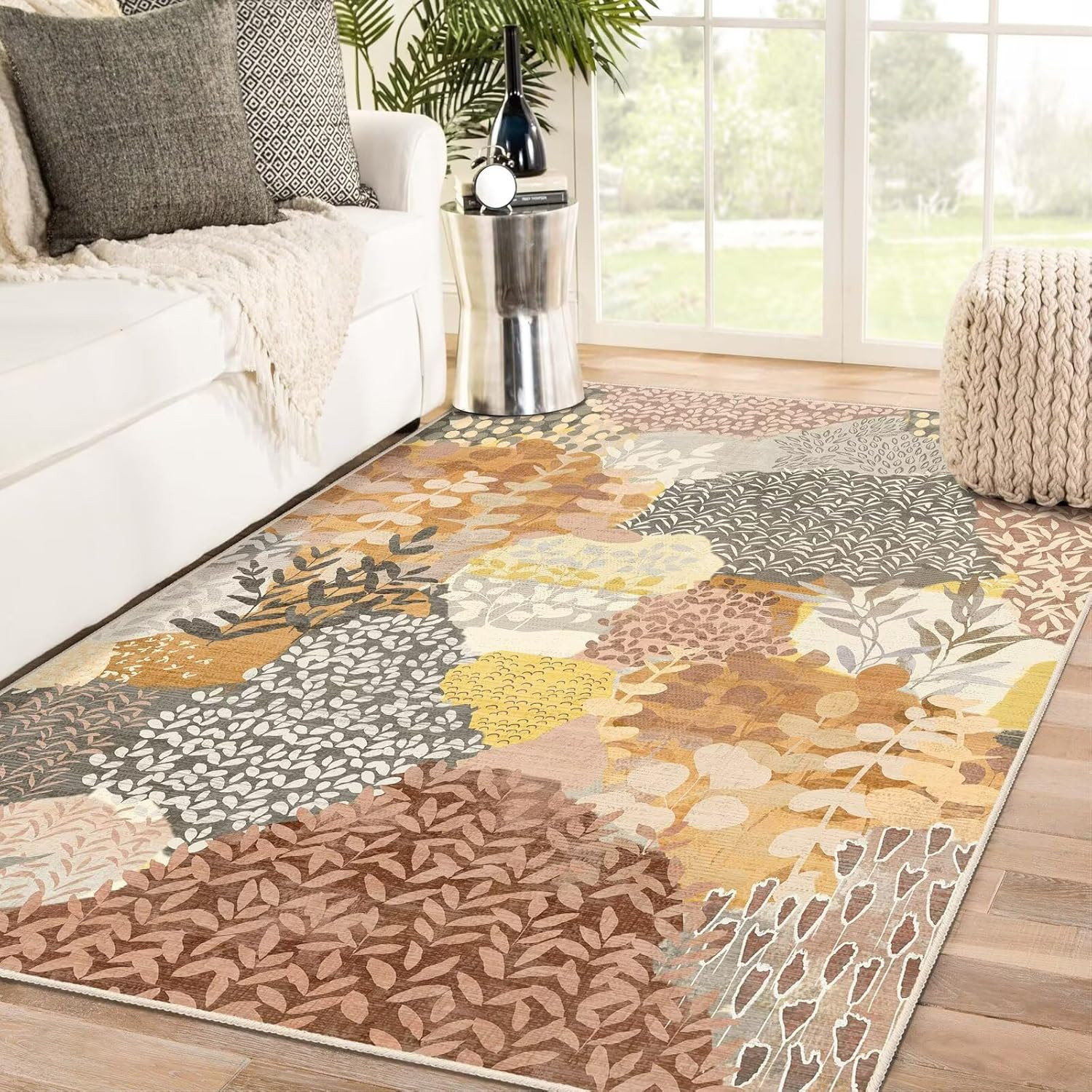 Washable Non-Slip 5X7 Boho Area Rug with Floral Leaves Print for Home & Office