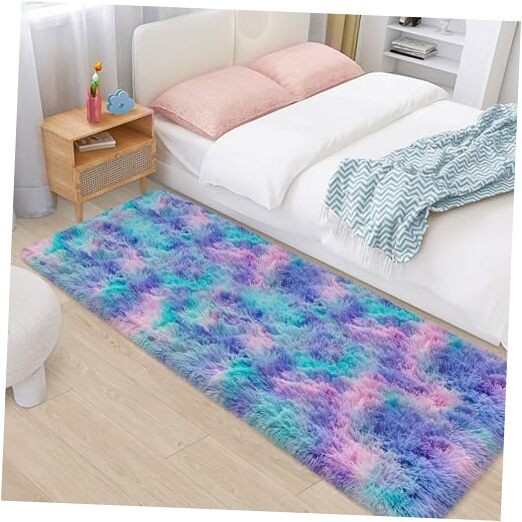Shaggy Tie Dyed Light Blue Purple Runner Rug 2x6ft Bedside Area Rugs for