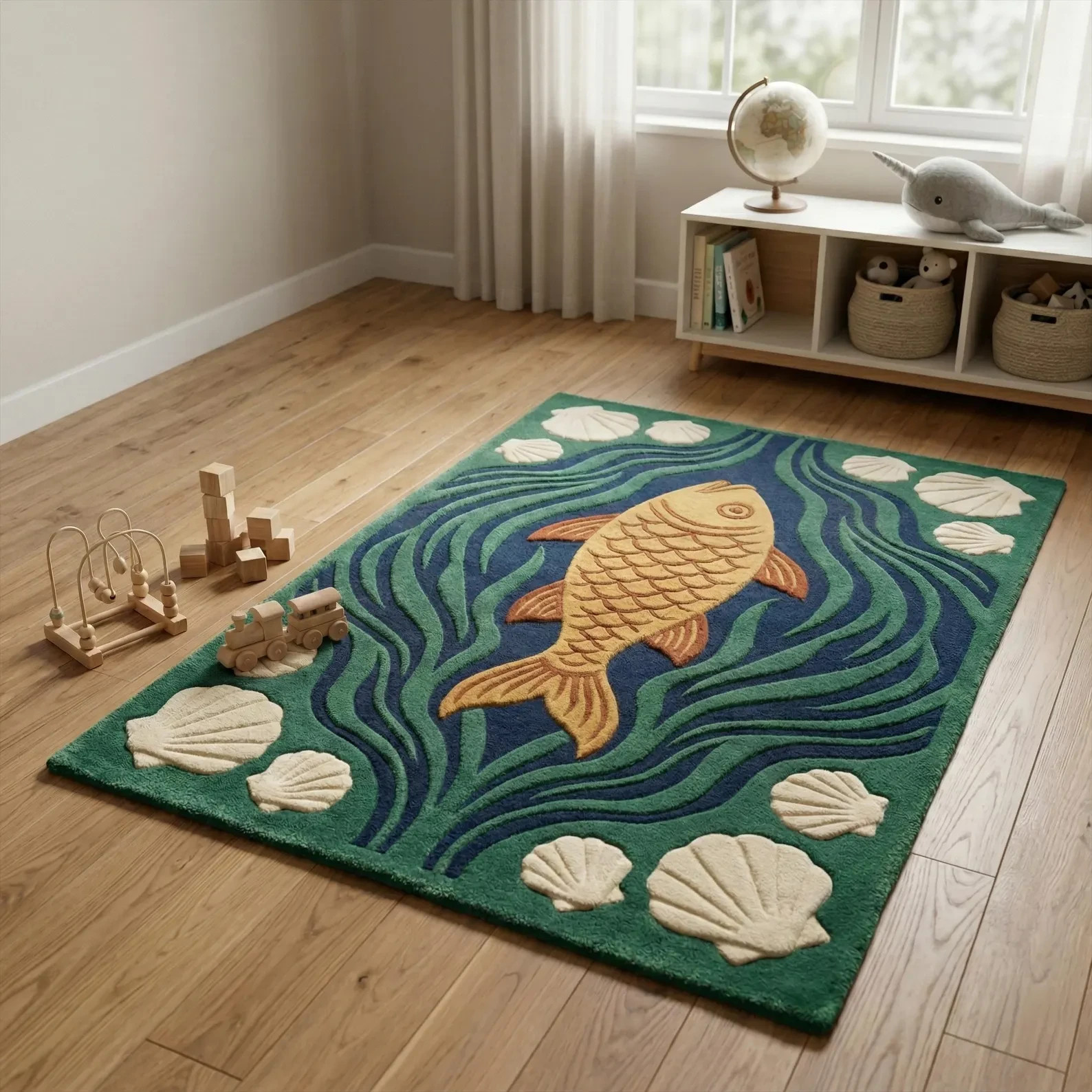 Blue Green Yellow Koi Fish Rug, Hand Tufted Ivory Seashell Wool Area Rugs