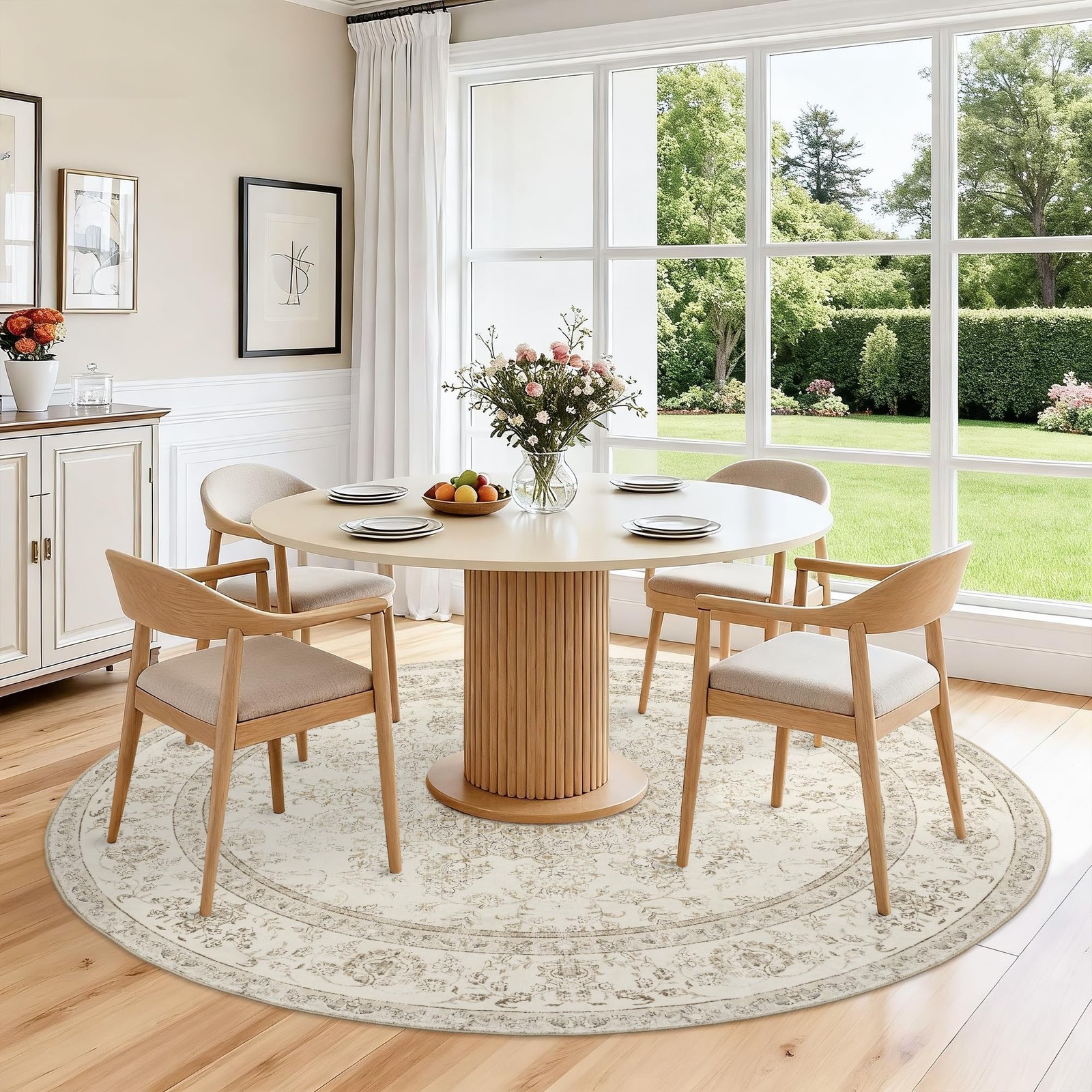 Luxcrest 5Ft Round Rug Cream Boho Washable Area Rugs For Living Room Bedroom