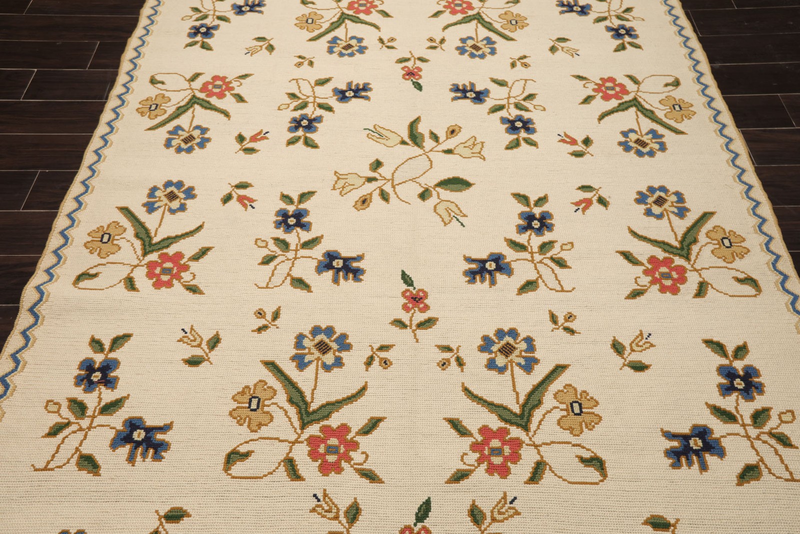 6’x9’3” Hand Woven Wool Ivory French Needlepoint Flatweave Floral Rug