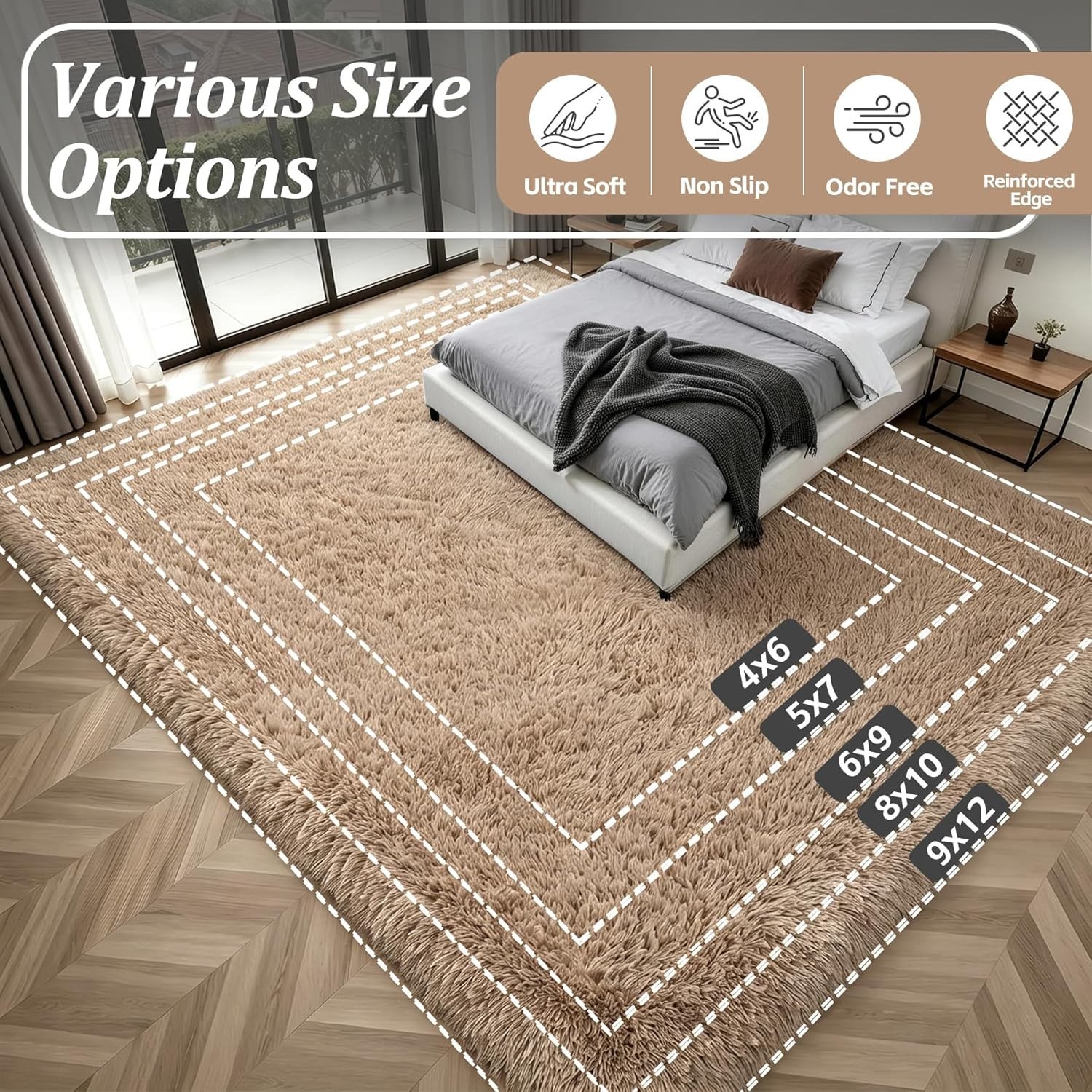Luxury Ultra-Soft Shag Area Rug 9×12 Plush Memory Foam Living Room Carpet Beige