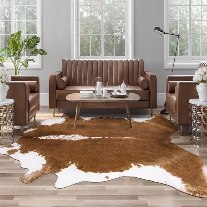 Faux Cowhide Rug, Brown Cow Print Large Animal Area Rug, 4.6X5.2 Ft | Premium Co