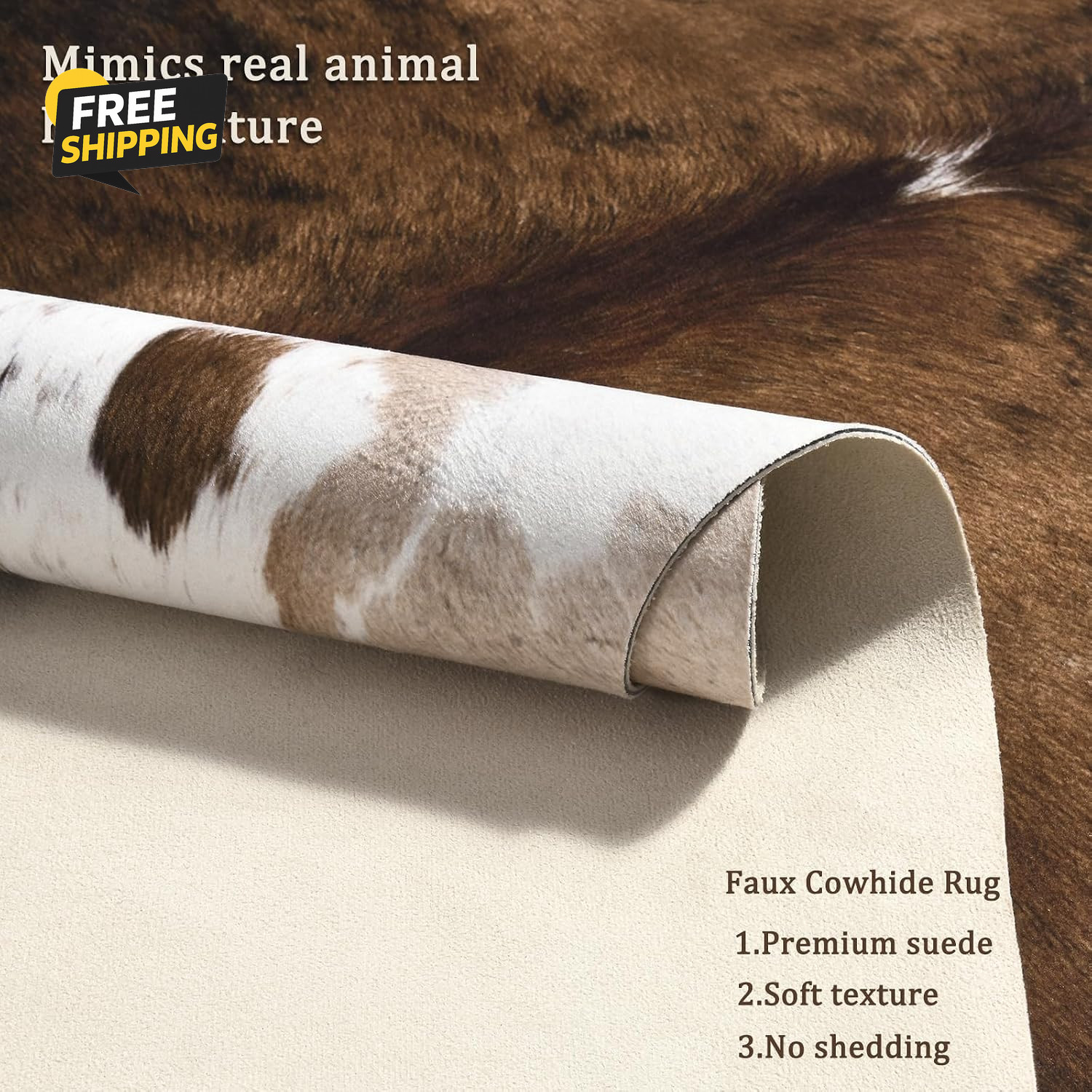 4.6×5.2Ft Faux Cowhide Rug Western Cow Print Area Rug Non Slip Caramel Decor