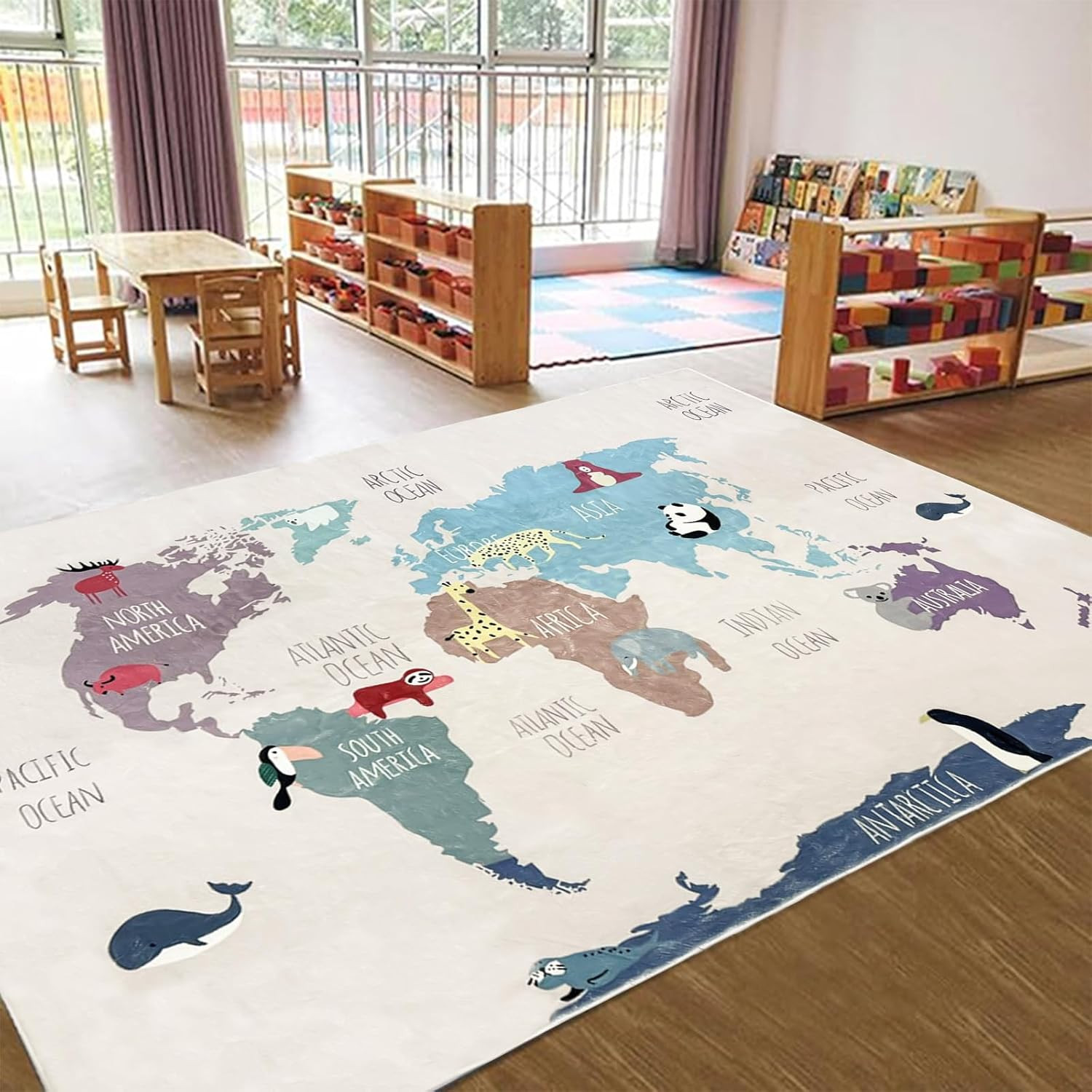 Cute Pink World Map Kids Area Rug with Animals, 5x7ft, Washable Carpet