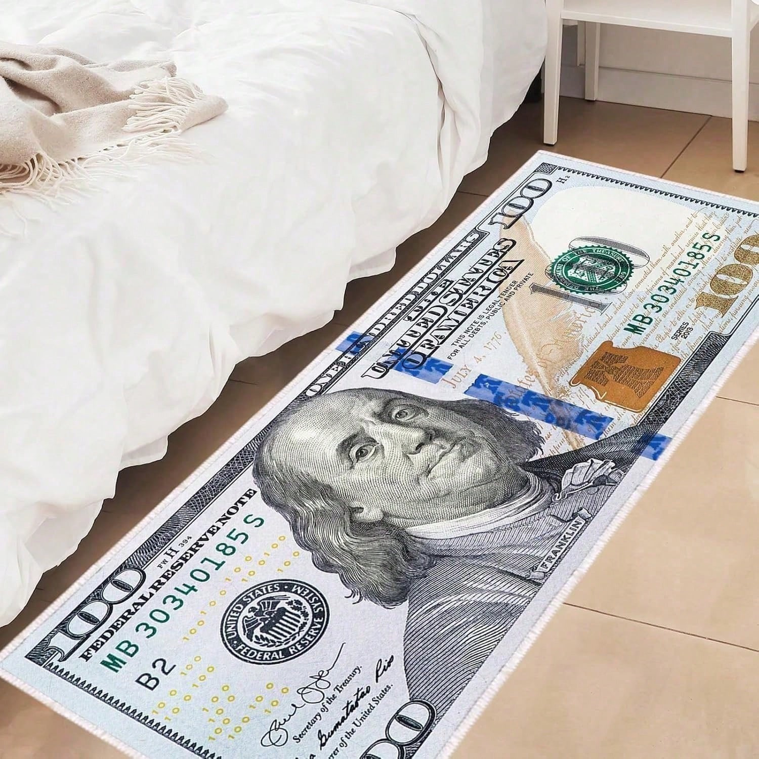 One Hundred Dollar Design Area Rug, Currency Inspired Non-Slip Carpet For Living