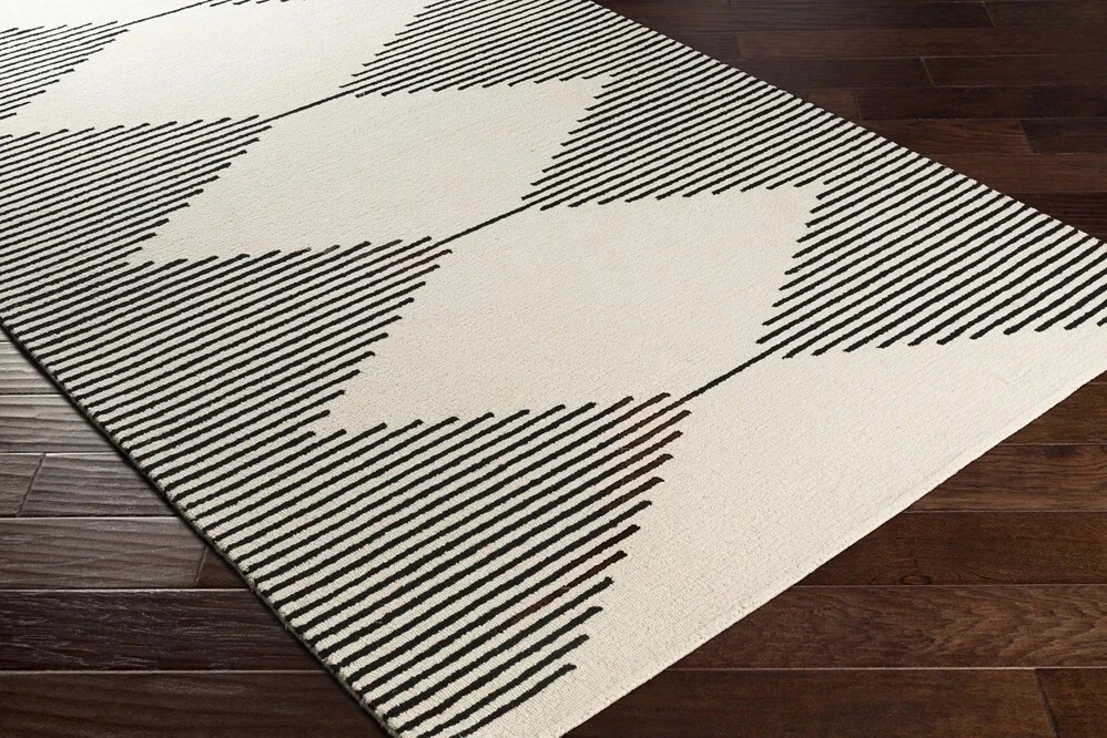 Ivory Black Diamond Hand Tufted Area Rug 8×10 Modern Geometric Striped Soft
