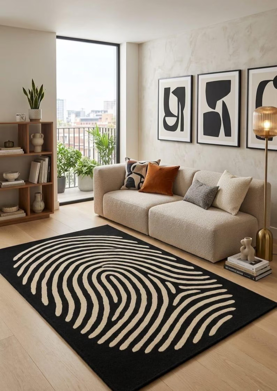 Hand Tufted Wool Rug Fingerprint Abstract Black Cream Area Modern Living Carpet