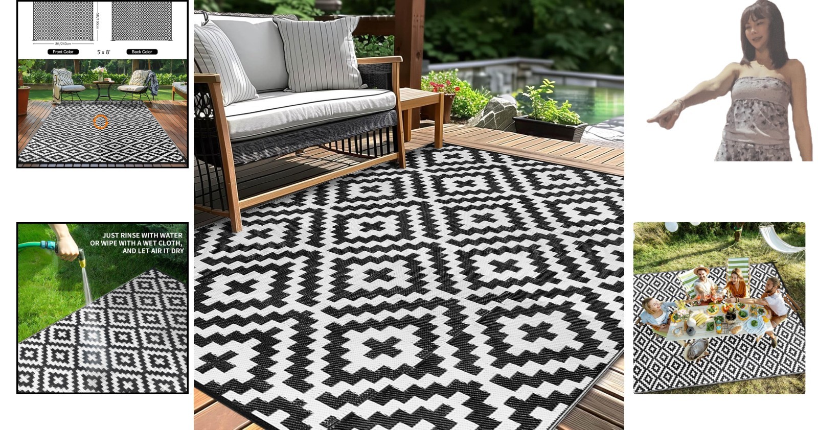 Durable 5×8 ft Black & White Reversible Rug – Perfect for Outdoor Gatherings