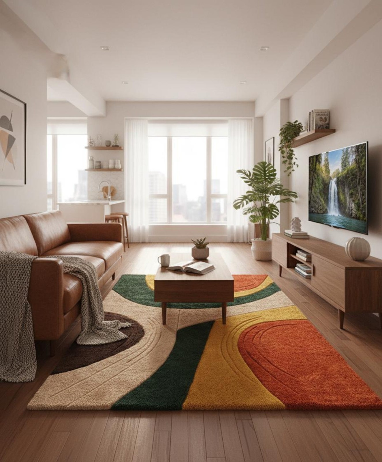 Large Abstract Area Rug 3D Textured Retro Orange Green Brown Modern Carpet 5×7