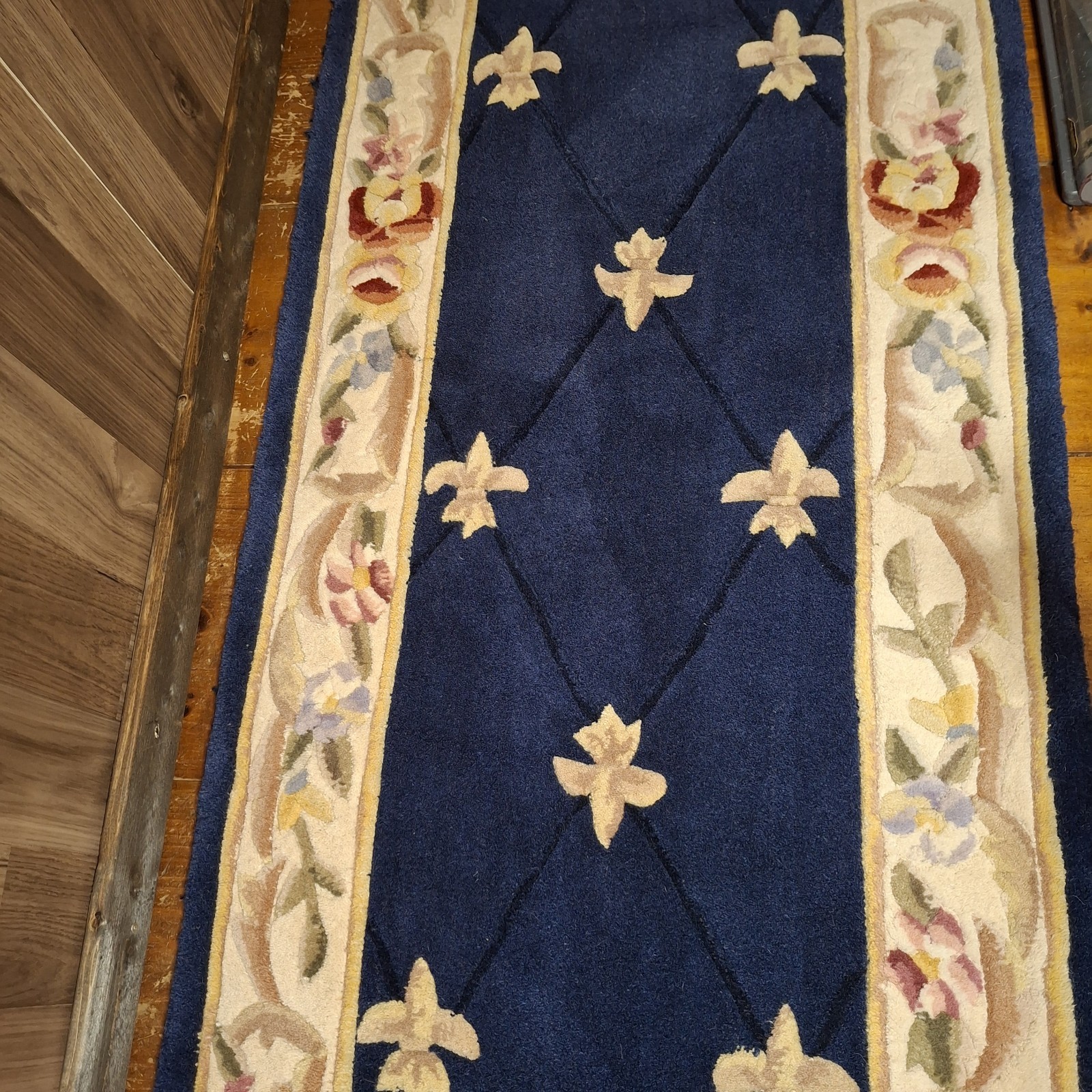 Vintage Floral 100% Wool Pile Rug 2X3X10ft Navy Blue Royal Palace Fleur de Lis