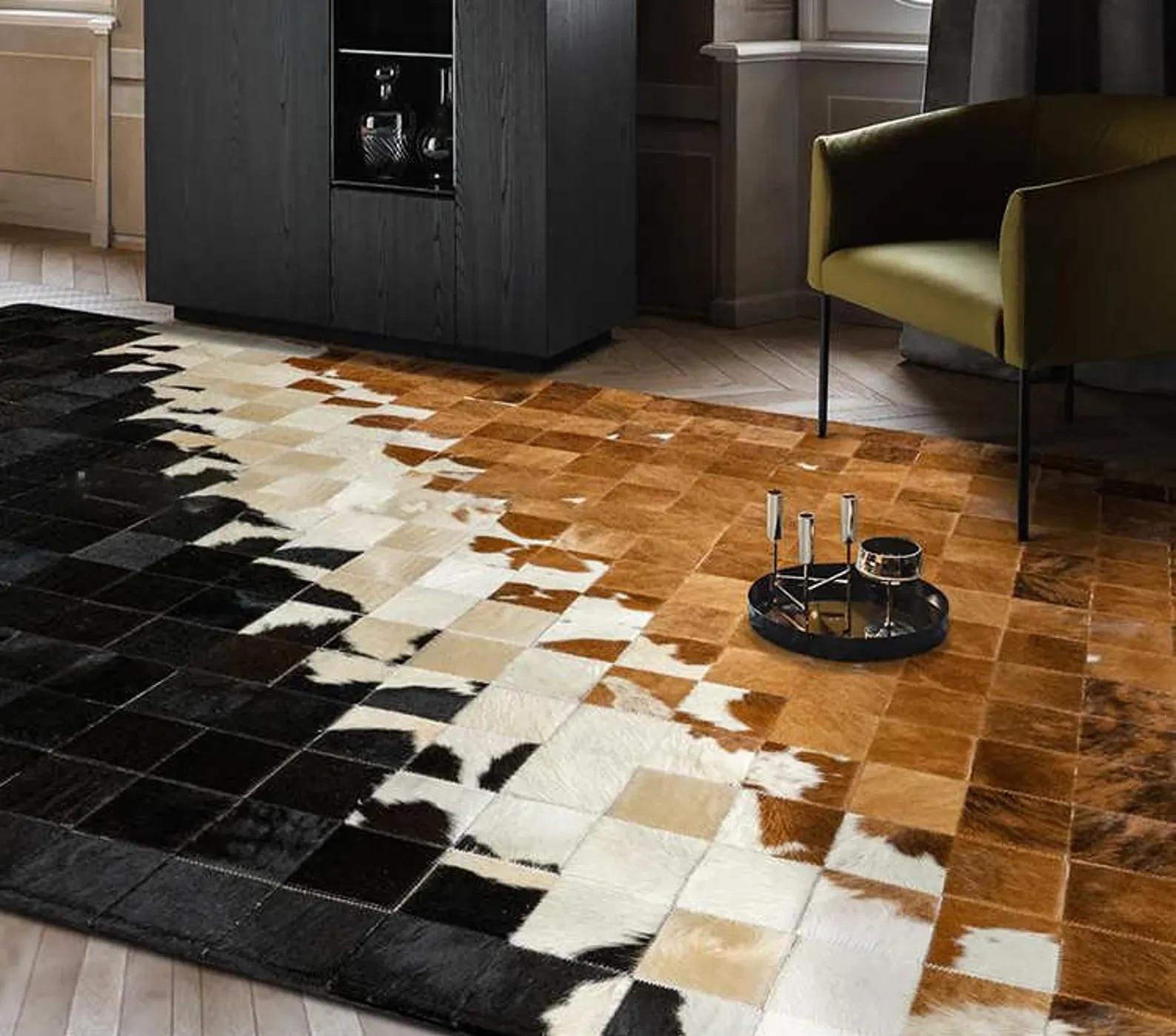 Modern Handmade Cowhide Patchwork Area Rug | Brown Black White Leather Carpet