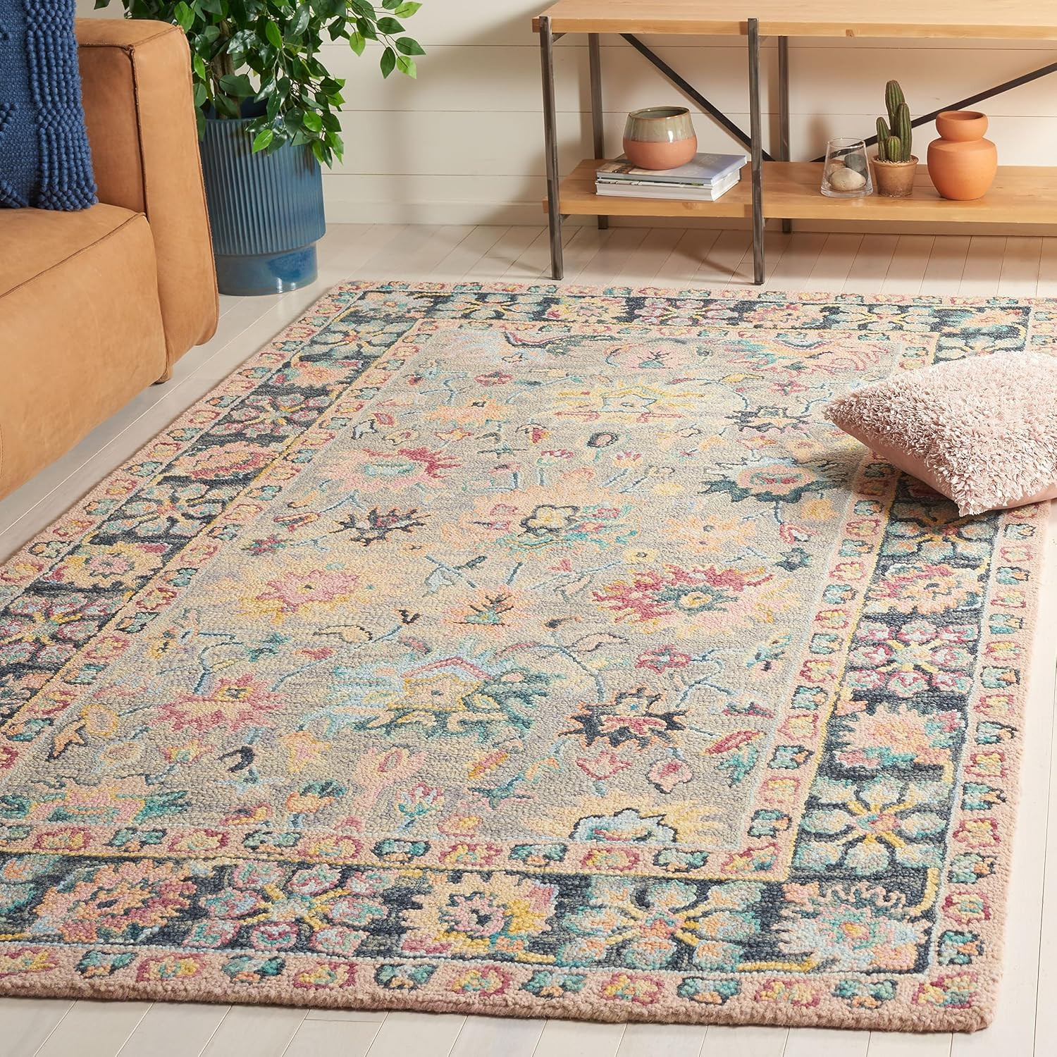 Handmade Floral Area Rug – 6′ Square, Grey & Pink, Perfect for High Traffic Area