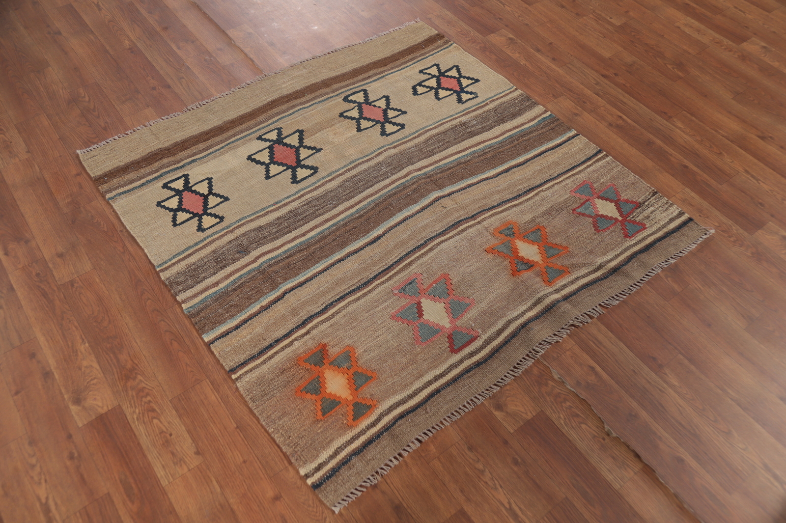 Vegetable Dye Kilim Reversible Square Rug Wool Hand-woven Tribal Carpet 4×4