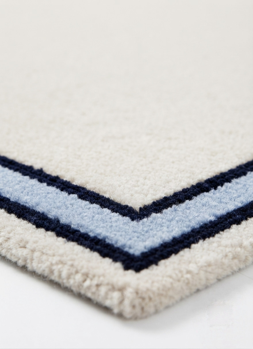 Hand Tufted Wool Rug Ivory Navy Border Handmade Area Rug