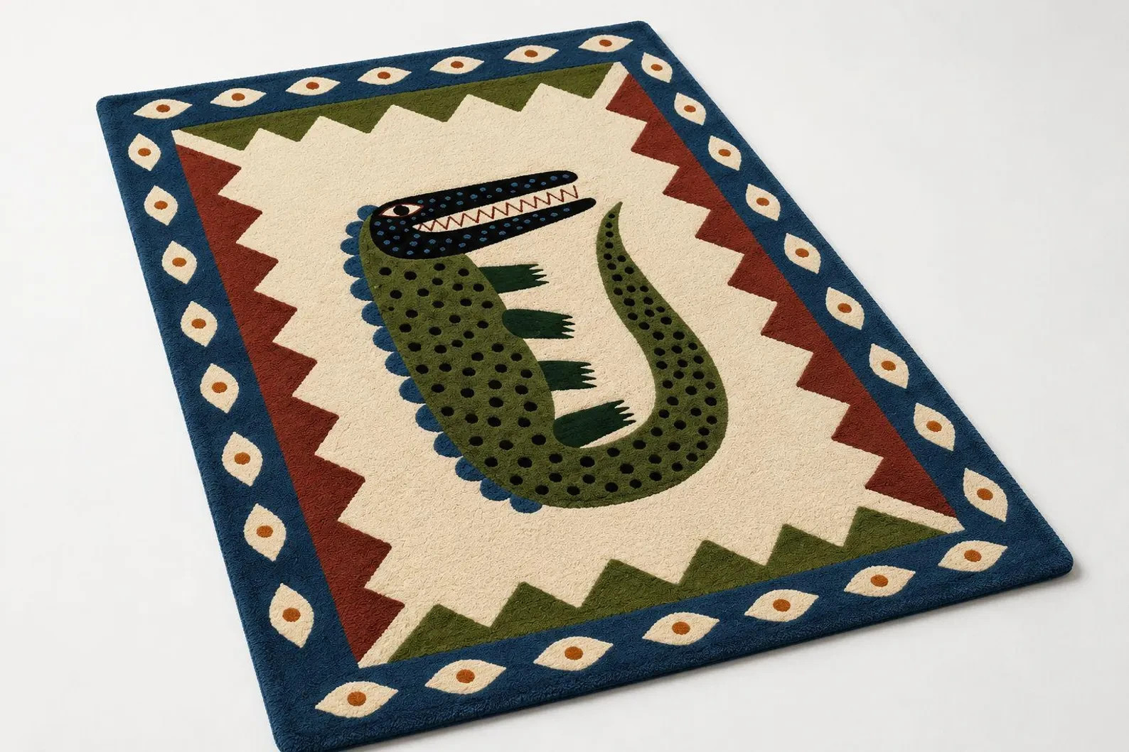 Hand Tufted Wool Crocodile Rug Tribal Folk Art Animal Carpet Boho Area Rug Carpe