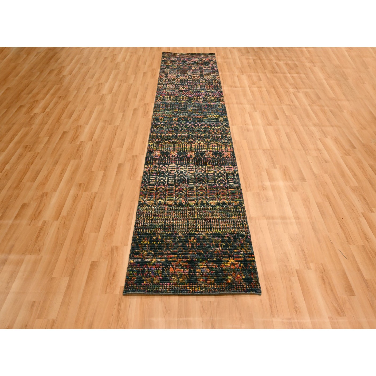 2’6″ x 11′ Black Sari Silk and Wool Striae Design Hand Knotted Runner Rug R76206