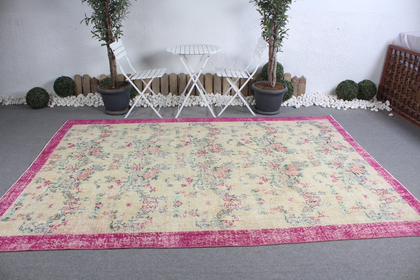 Turkish Vintage Rug, 6,9×9,7 ft Rug, Pink White Oriental Rug