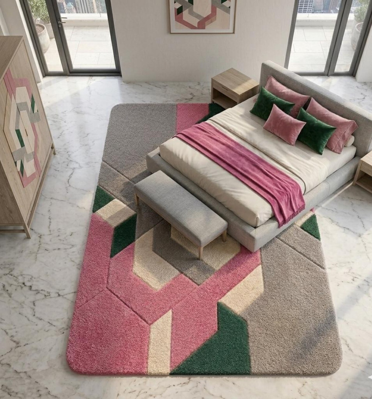 Hand Tufted Wool Rug Pink Green Geometric Abstract 9×12 Modern Living Room Carpe