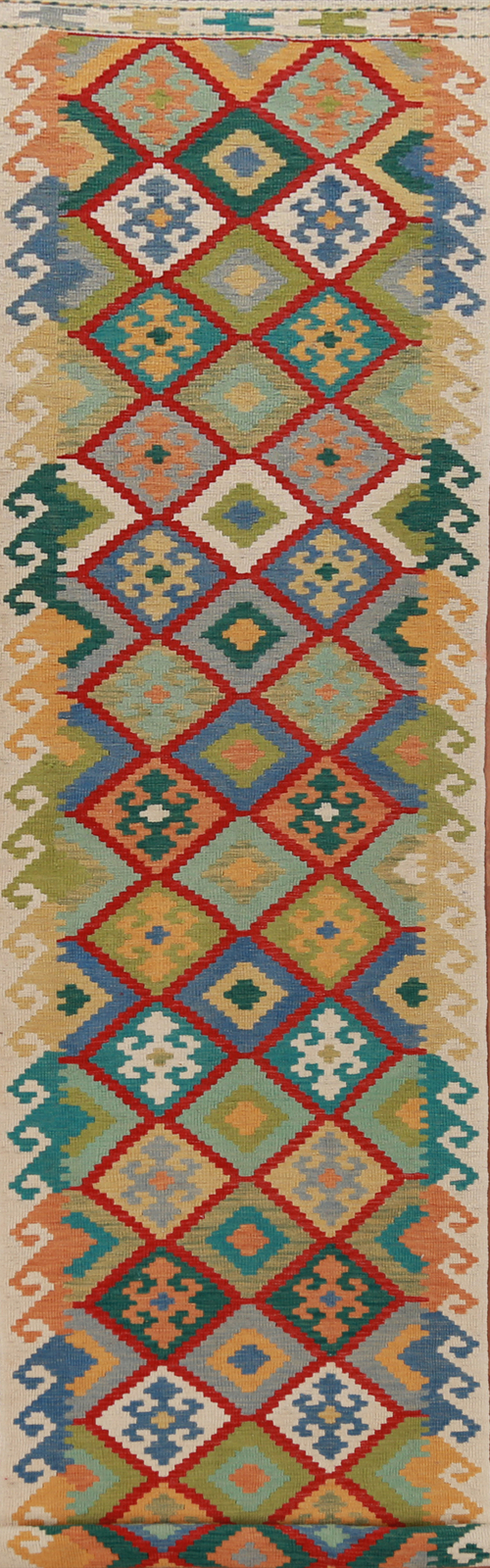 Geometric Reversible Kelim Kilim 16′ Long Runner Rugs Flatweave Wool 3×16 ft