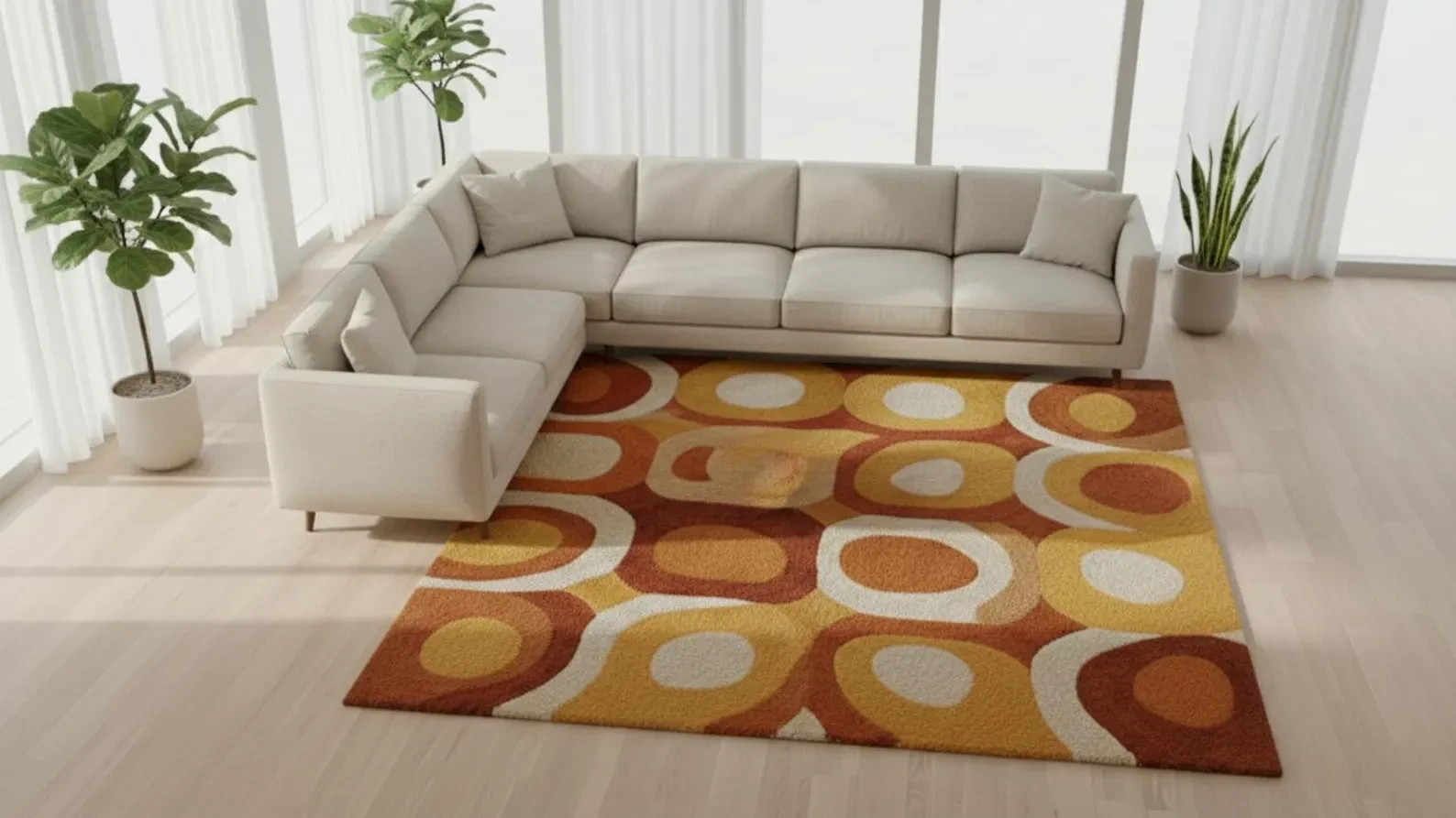 Modern Area Rug, Retro Geometric Circle Rug, Mustard Yellow Burnt Orange