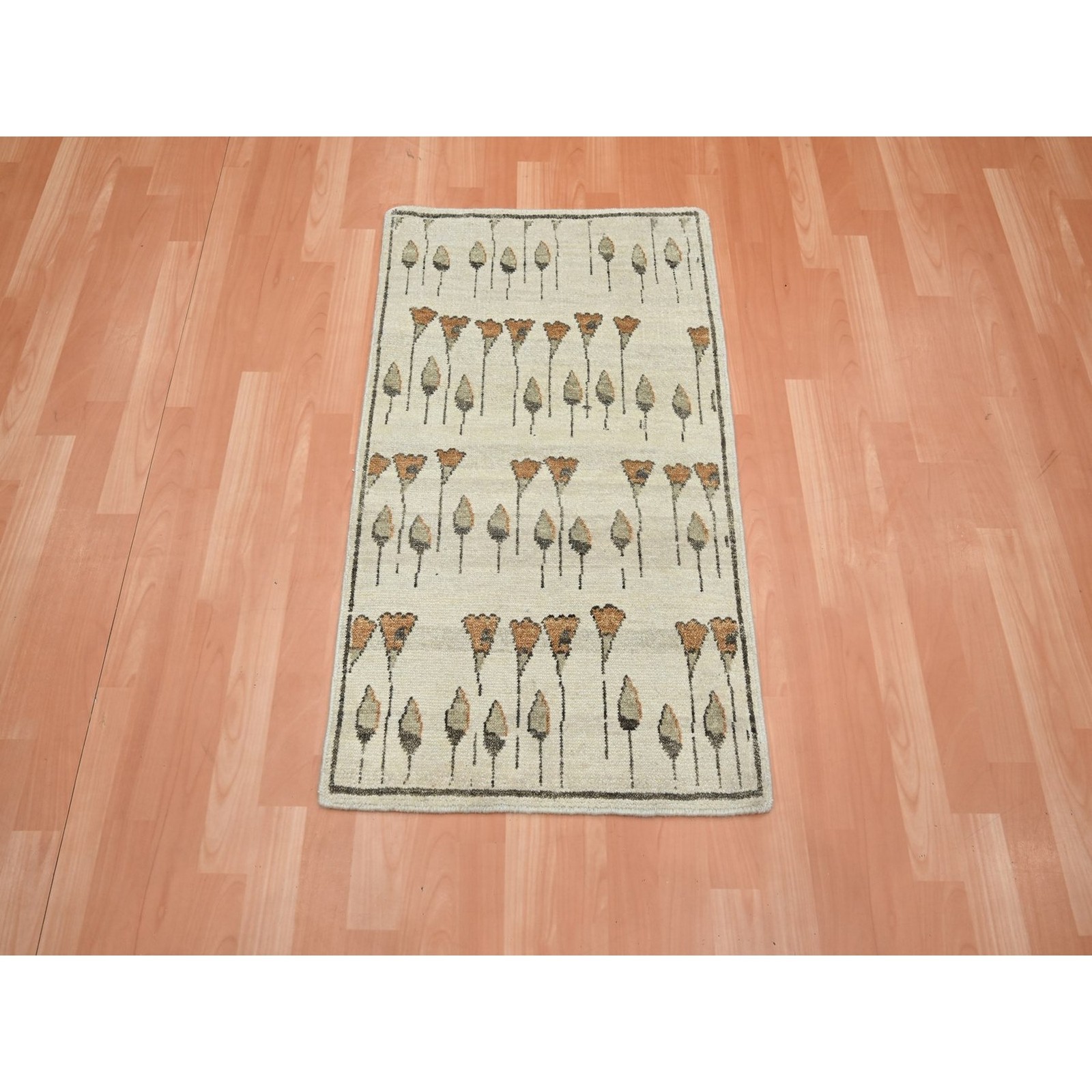 Hand Knotted Rug 2’1″X3’6″ Tan Color Flowers Repetitive Design Wool Mat 75854