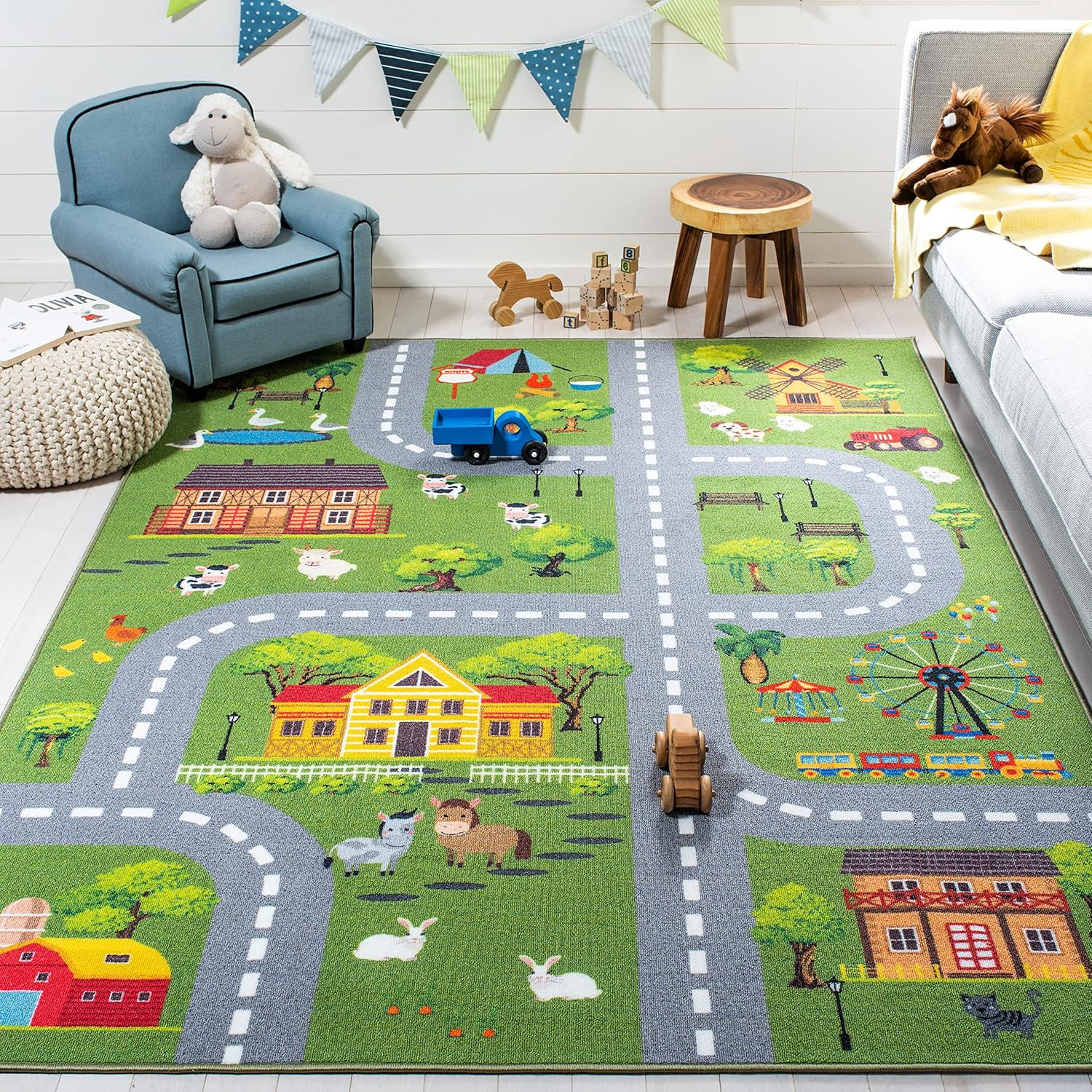 Washable Rug Kids Playhouse Collection – 6’7″ X 9′, Dark Green & Light Grey, Sli