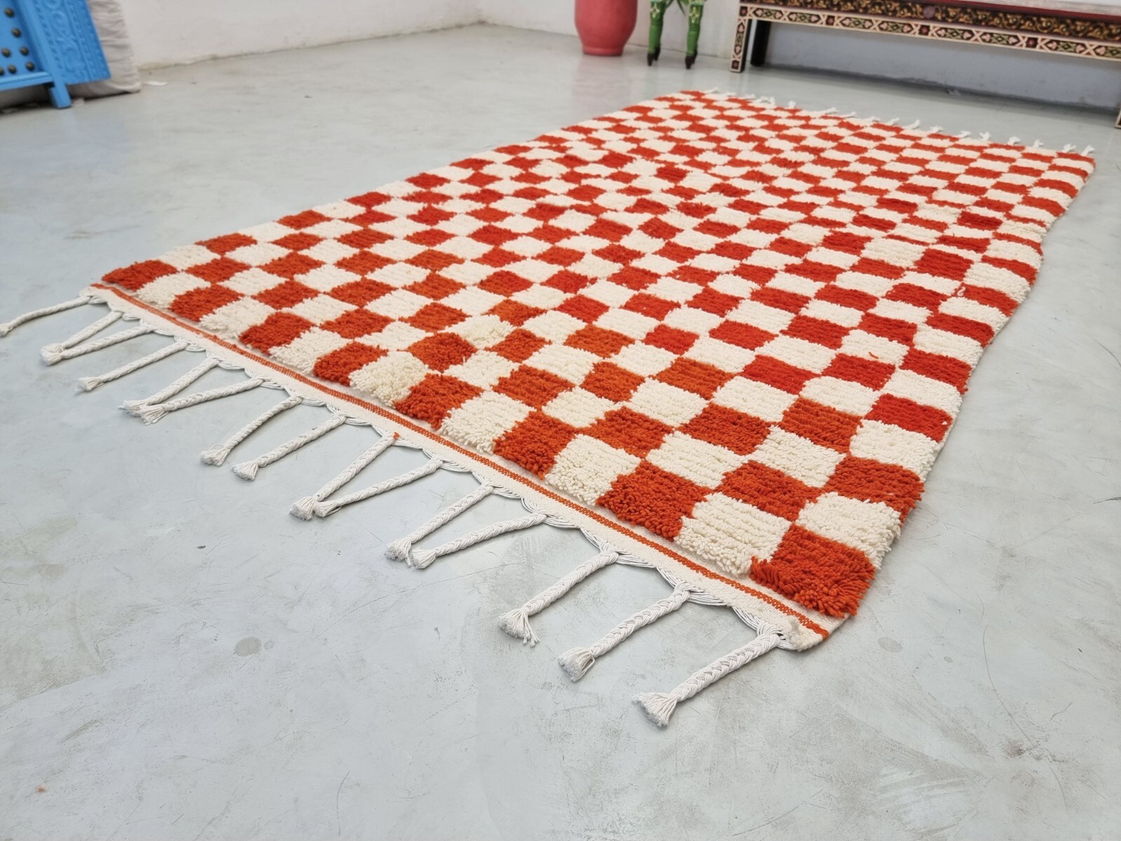 Moroccan Handmade BeniOurain Rug5’3×8’7 Berber Checkered Orange & White Wool Rug