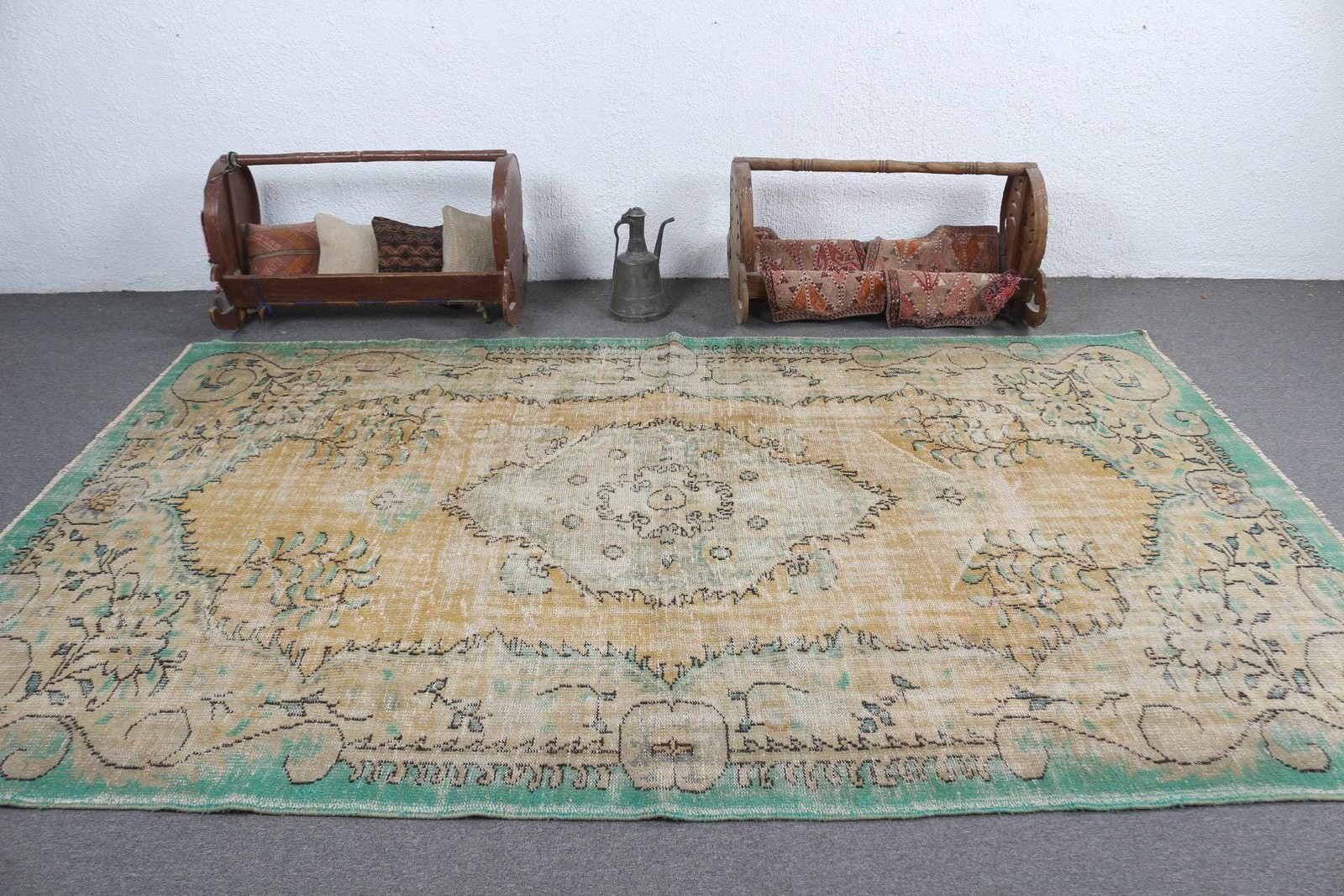 6,46×10,3 ft Turkish Rug, Vintage Large Rug, Green Yellow Polka dot Rug