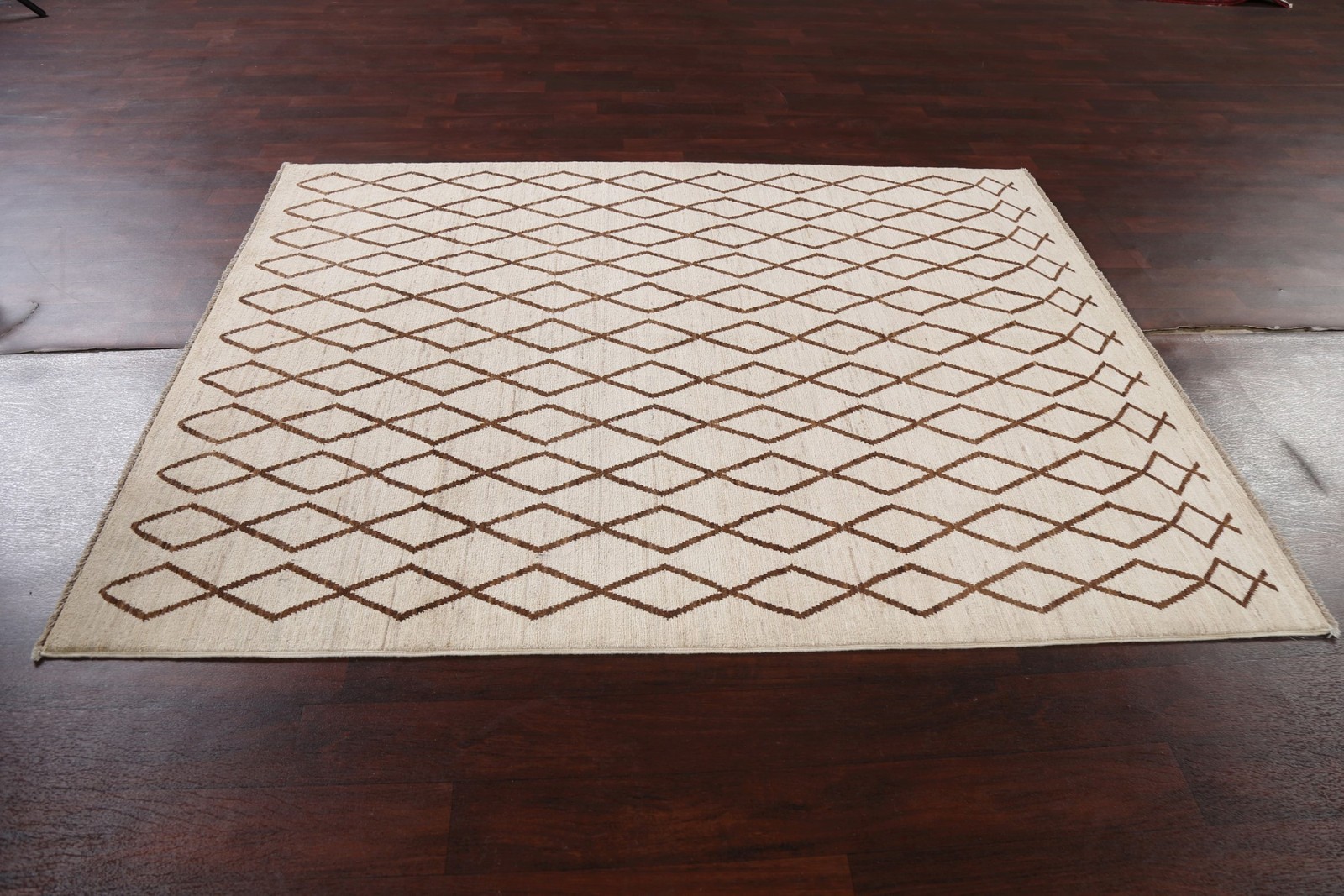 Trellis Moroccan Oriental Area Rug 5×7 Ivory & Brown Wool Hand-knotted Carpet