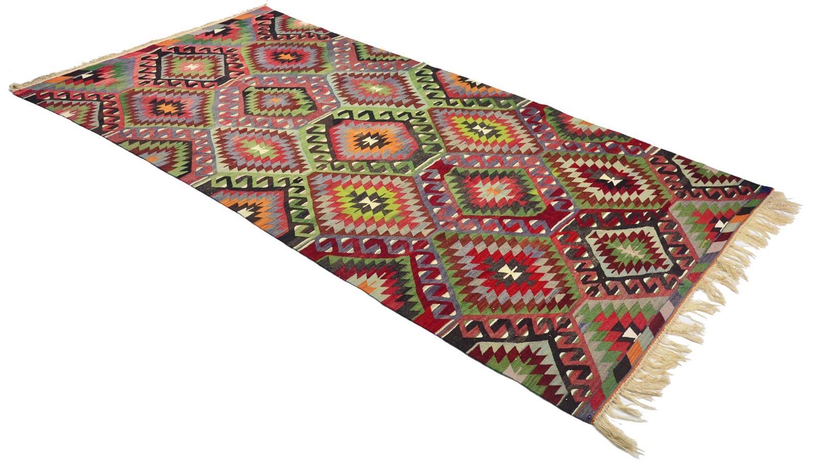 Turkish Kilim Runner Rug 6×11 ft Green Red Tribal Wool Carpet