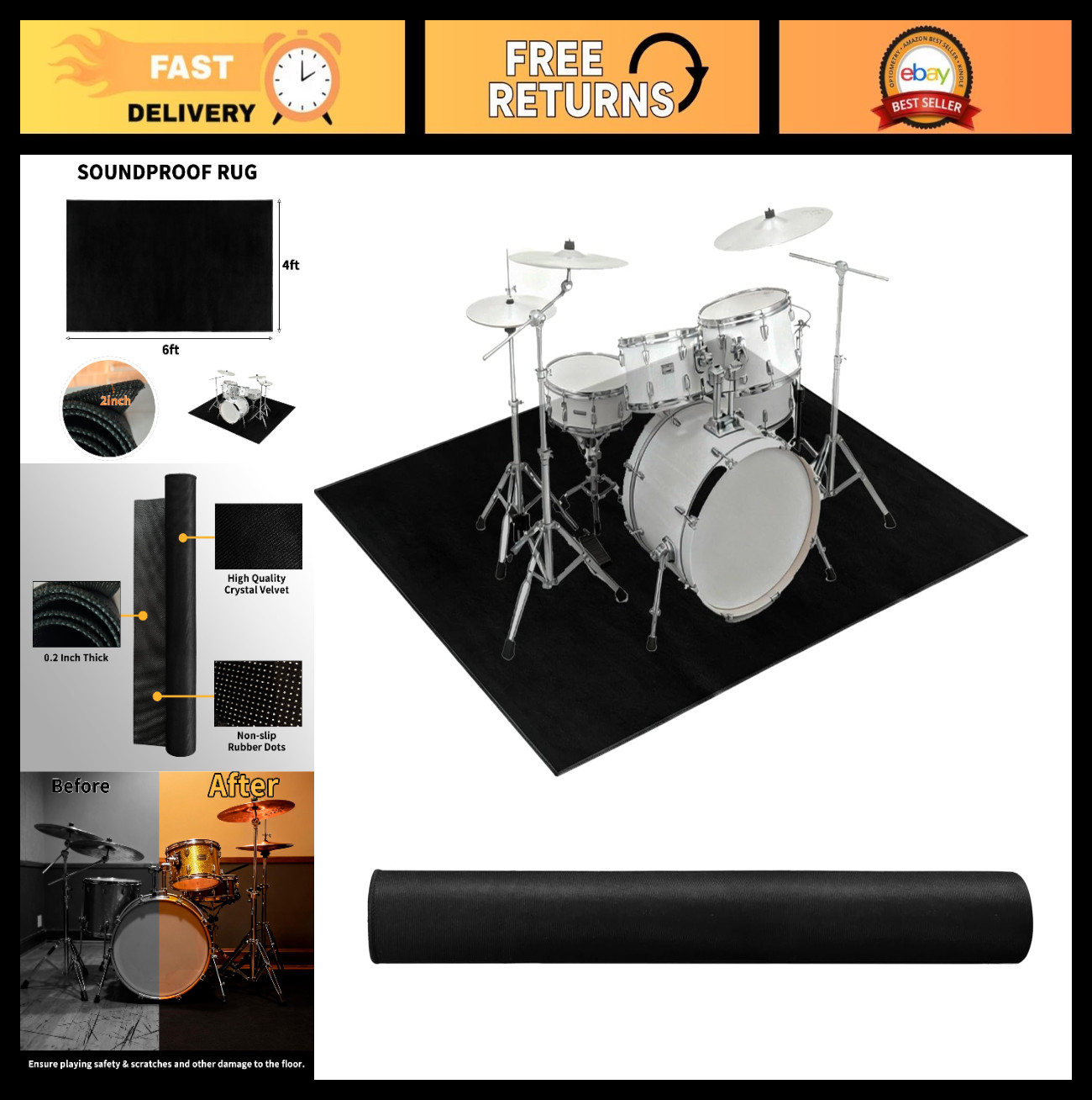 Soundproof Drum Rug Mat 4×6 Ft – Non-Slip Washable Carpet for Music Room, Home D