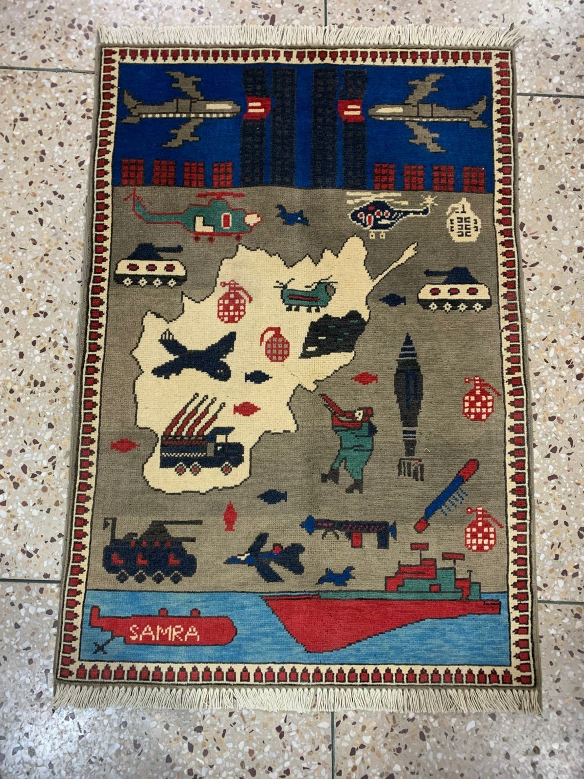 120cmx73 cm. 2 handmade afghan war rugs, opium, 9/11 ussr, usa, military, ak47