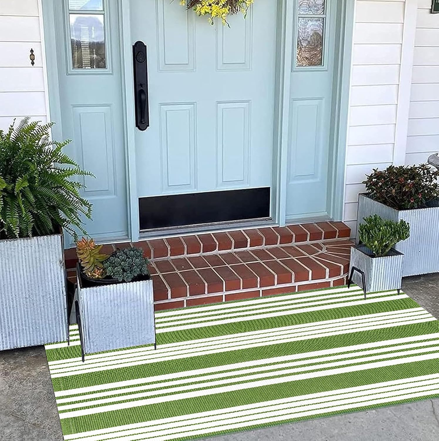 Green and White Striped Outdoor Rug 24” X 51” Front Porch Rug Hand-Woven Machi